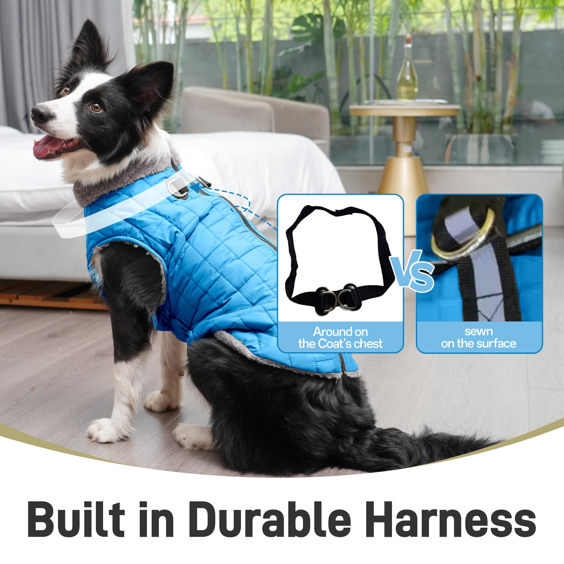 JoyDaog Warm Fleece Dog Coat with Built-in Harness, Waterproof, XXX-Large, Light Blue