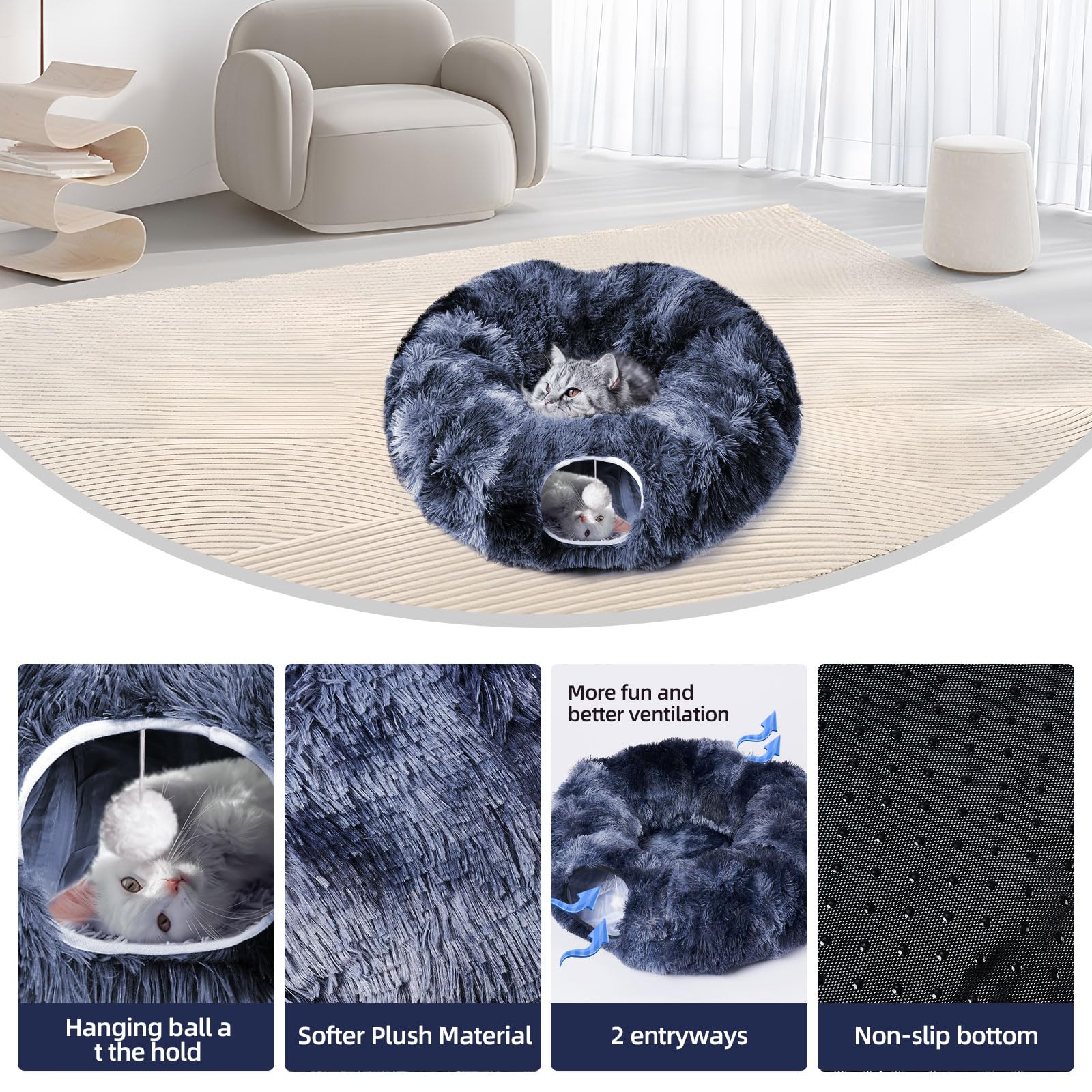 Odoland Cat Tunnels For Indoor Cats With Fluffy Plush Central Cat Couch And 20 Cat Toys, Tunnel Bed For Cats With Hanging Ball,