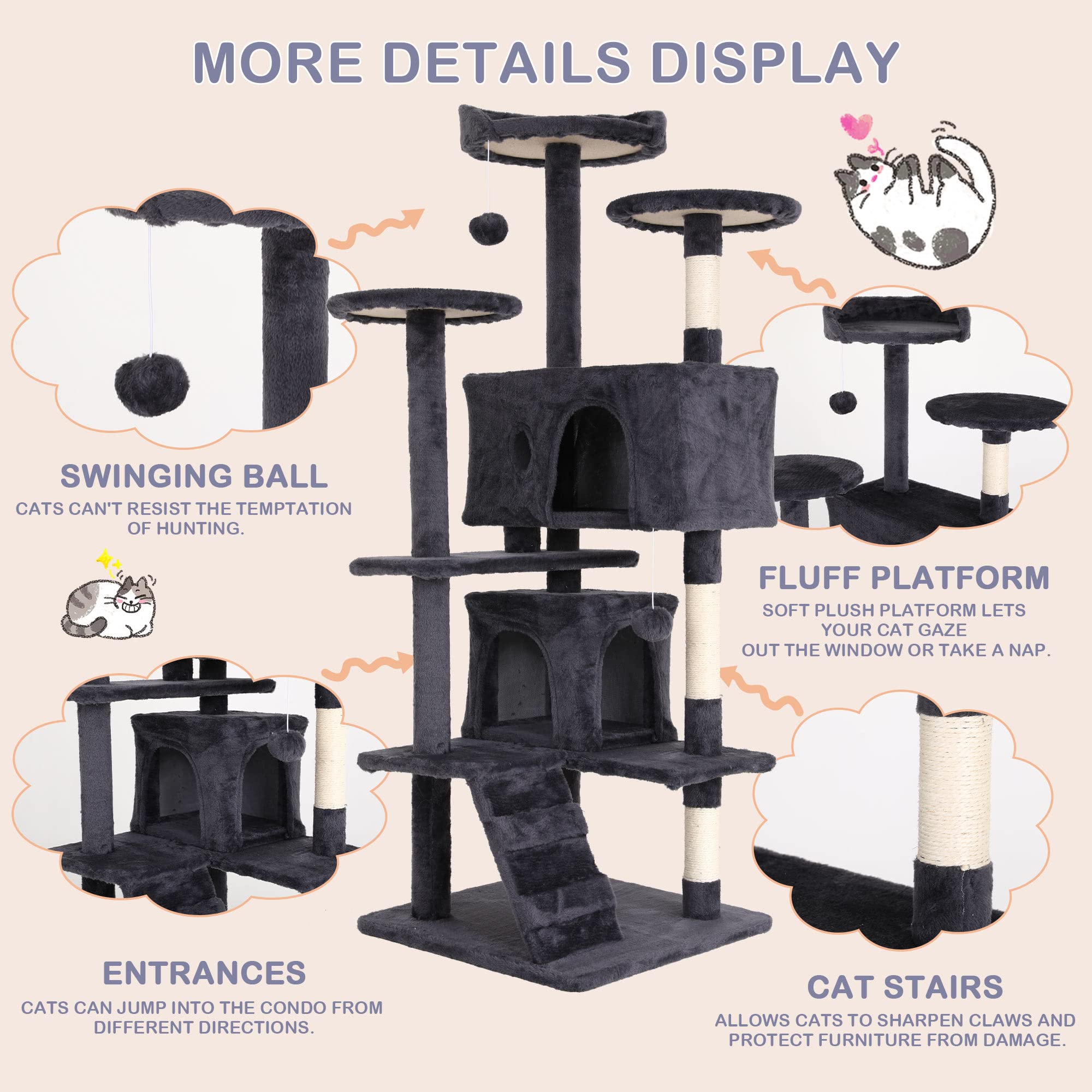 54 Inches Cat Tree For Indoor Cats, Multi-Level Cat Tree Cat Tower With Sisal-Covered Scratching Posts, Stable Cat Trees And Tow