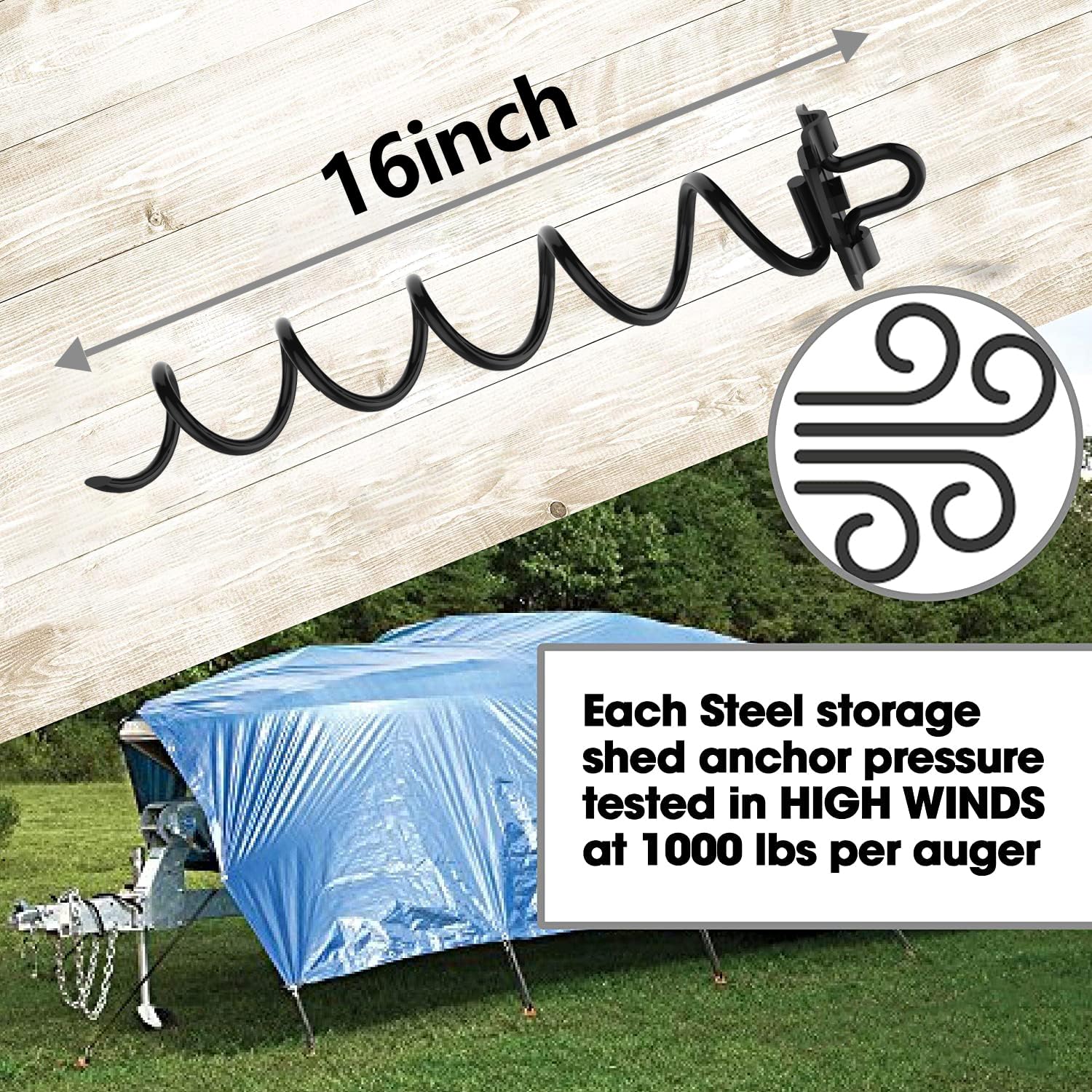 Eurmax Heavy Duty 4-Pc Spiral Stakes Anchor Kit, Black Alloy Steel for Trampolines, Tents, with Bonus Tie Down Straps