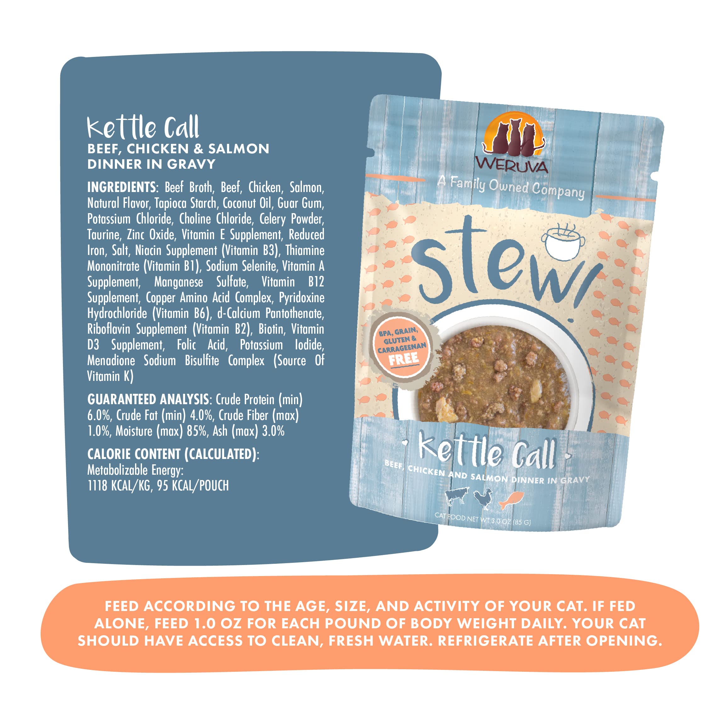 Weruva Classic Cat Stews!, Kettle Call with Beef, Chicken & Salmon in Gravy, 3oz Pouch (Pack of 12)