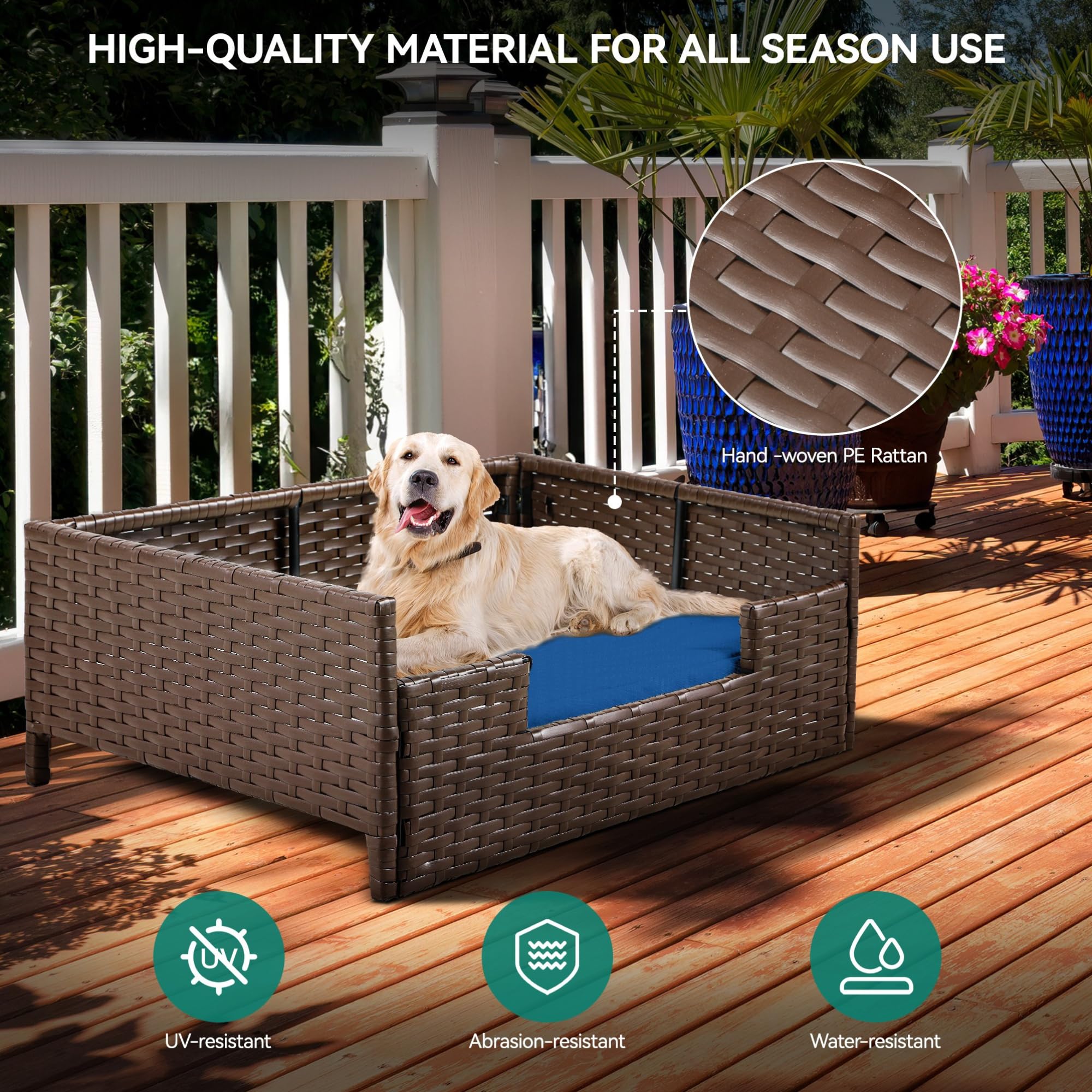 Yitahome Rattan Dog Sofa Bed With Cushion,Wicker Pet Bed Sofa Couch Indoor Outdoor Water Resistant For Large Medium Small Dogs C