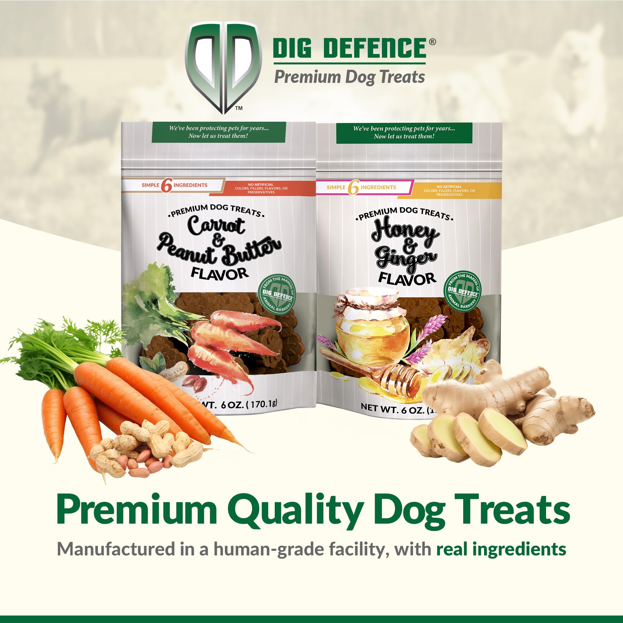 Dig Defence Premium Dog Treats - Honey/Ginger and Carrot/Peanut Butter, Natural Ingredients, Baked Gourmet Snacks for Small & Bi