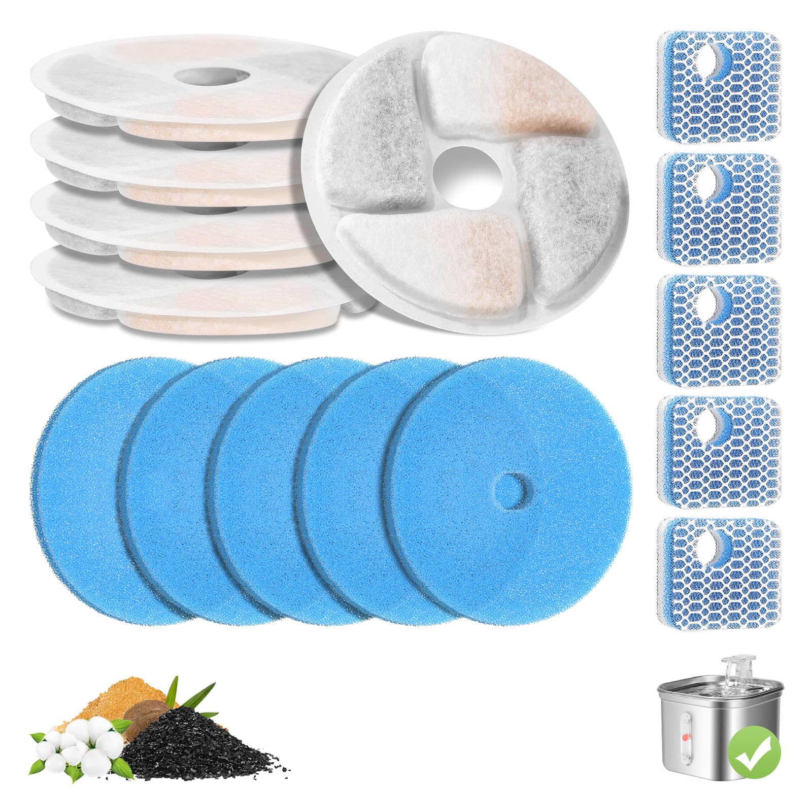 5-Pack Cat Fountain Filter Replacement For Square 73Oz/2.2L Automatic Pet Fountain, Triple Filtration System Activated Carbon Fi