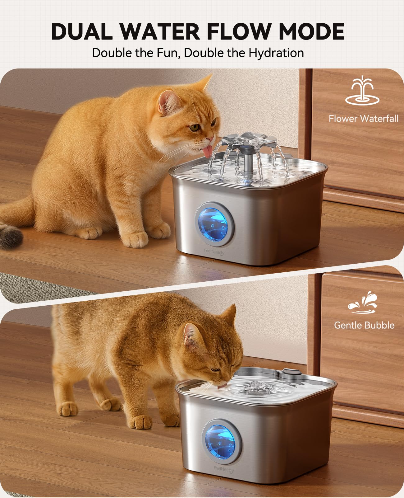 Stainless Steel Cat Water Fountain, 2.8L with 20dB Ultra-Quiet Pump- Ideal for Timid Pets, LED Water Level Window, Dishwasher Sa