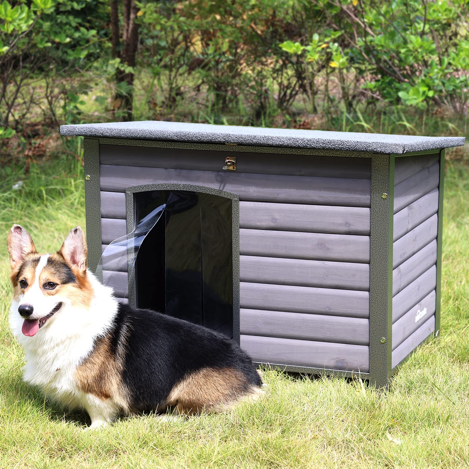 Dog House Outdoor Insulated Dog House For Small Medium Dogs, Natural Wood With Iron Frame, Waterproof Roof Raised Feet