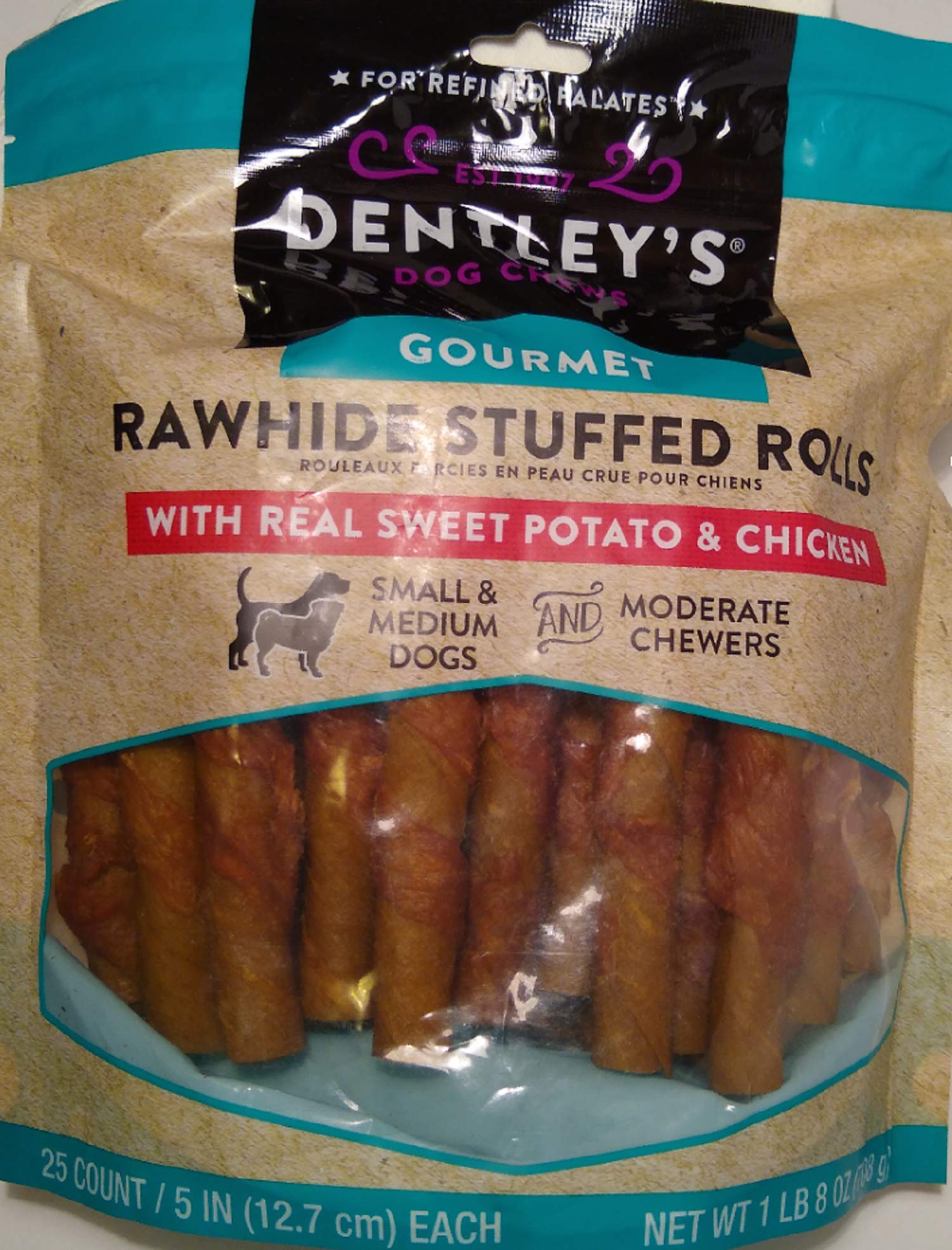 Dentleys Gourmet Rawhide Stuffed Rolls Dog Treats - Sweet Potato & Chicken 25 Rolls Per Pack