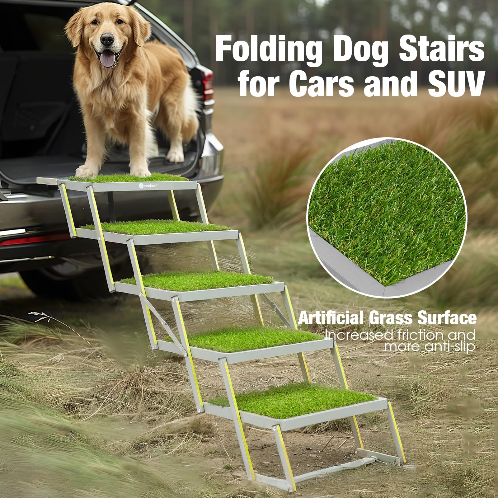 Veehoo Dog Stairs For Car, Aluminum Folding Dog Steps For Truck And Suv, Portable Car Ramp For Large Dogs With Non-Slip Artifici