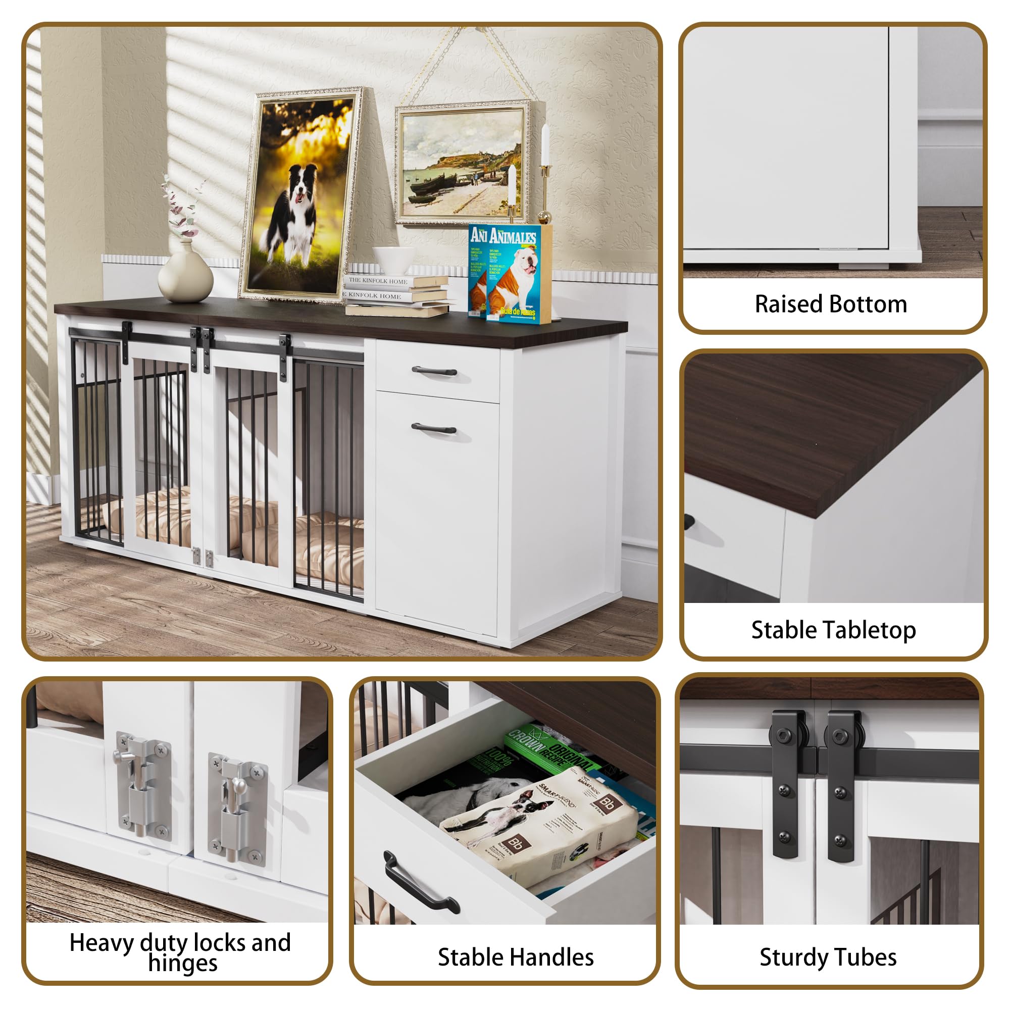YOCONYO Large Dog Crate Furniture Large Breed,71 Inch Wooden Dog Crate with Tilt Out Trash Cabinet,Drawers,Divider and Sliding B