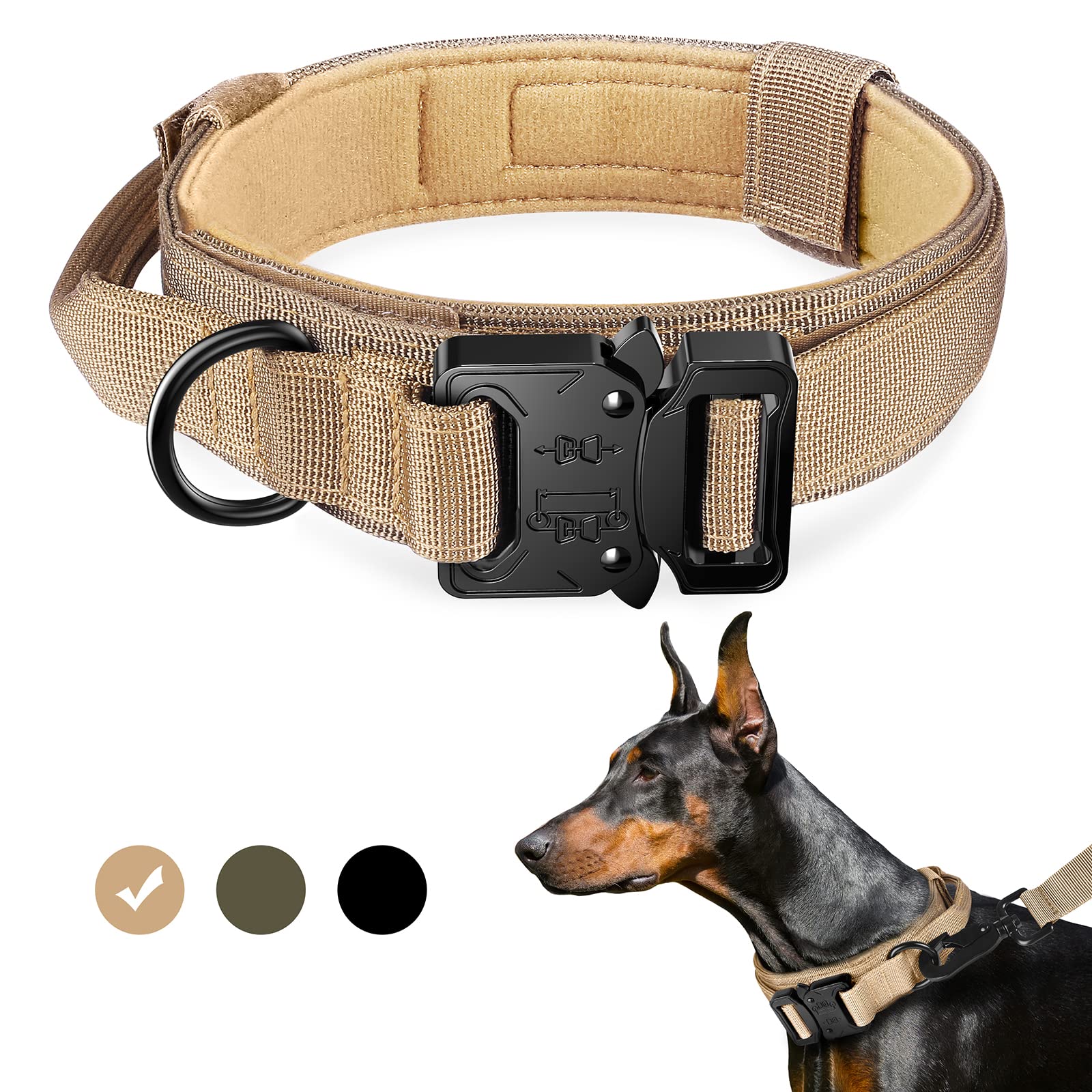 Fya Tactical Military Dog Collar, Adjustable Training Nylon With Control Handle And Heavy Metal Buckle For Medium And Large Dogs