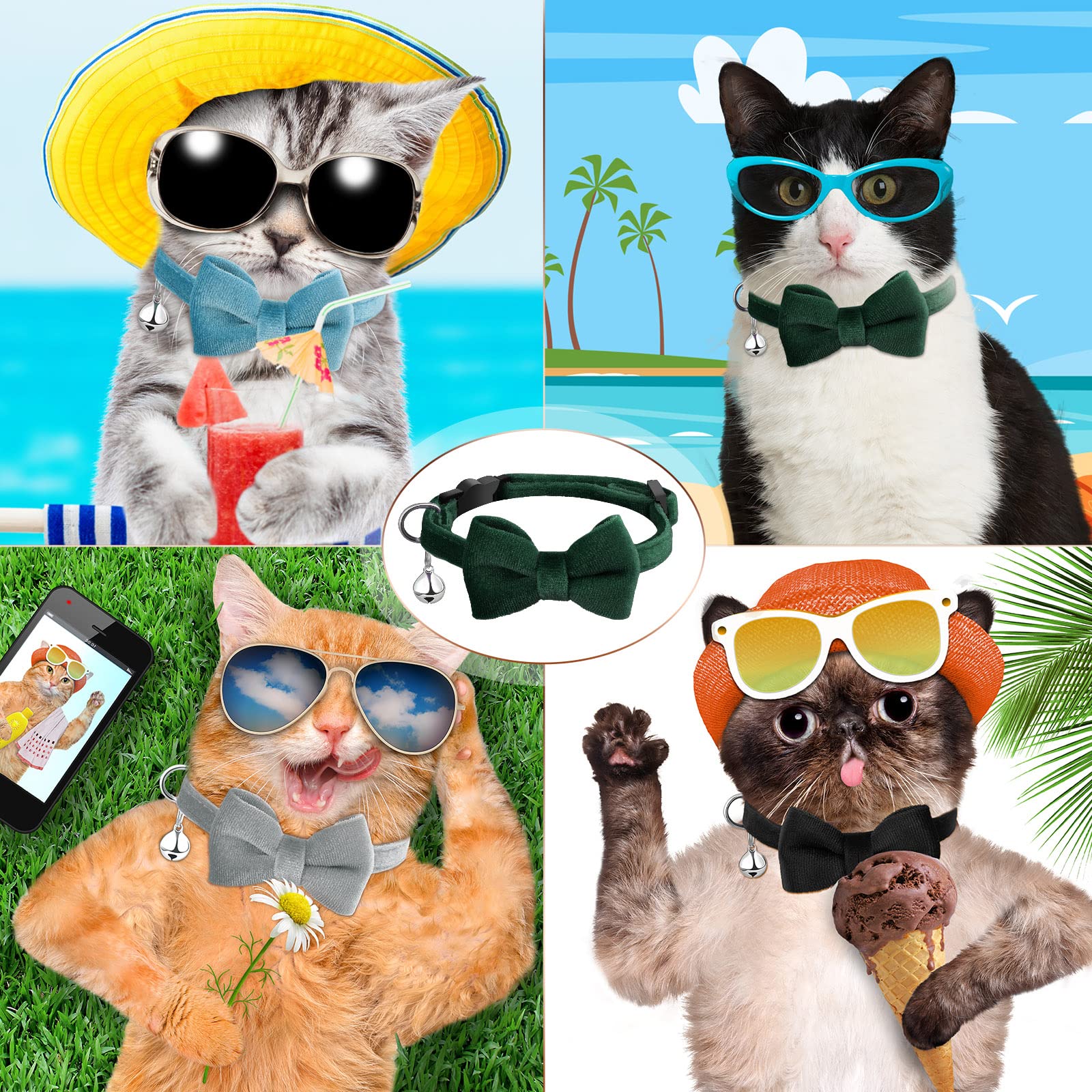 Weewooday 4-Piece Cat Bow Tie Collar Set - Velvet Breakaway with Bell, Comfortable & Safe for Kittens & Puppies, Medium, Black/Gray/Green/Blue