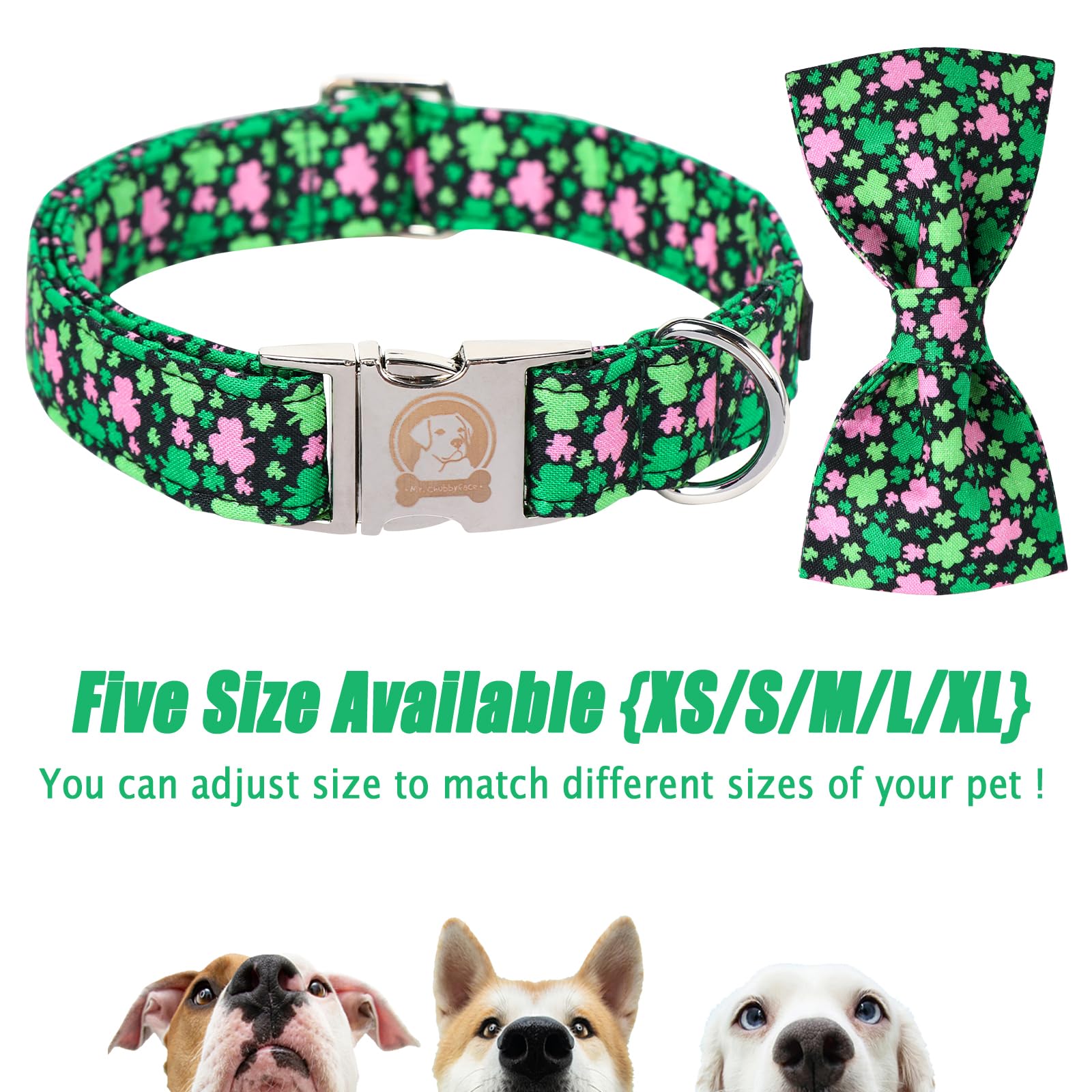 Mr. Chubbyface St.Patrick'S Pink Green Clover Dog Collar With Bowtie, Cute Clovers Shamrock Metal Buckle Dog Collar, Adjustable