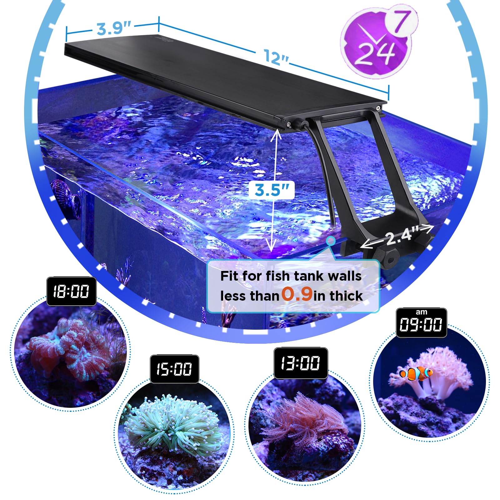 hygger Clip On 24/7 Saltwater Aquarium LED Light, 22W Sunrise-Daylight-Moonlight Mode and DIY Mode, Adjustable Timer Adjustable