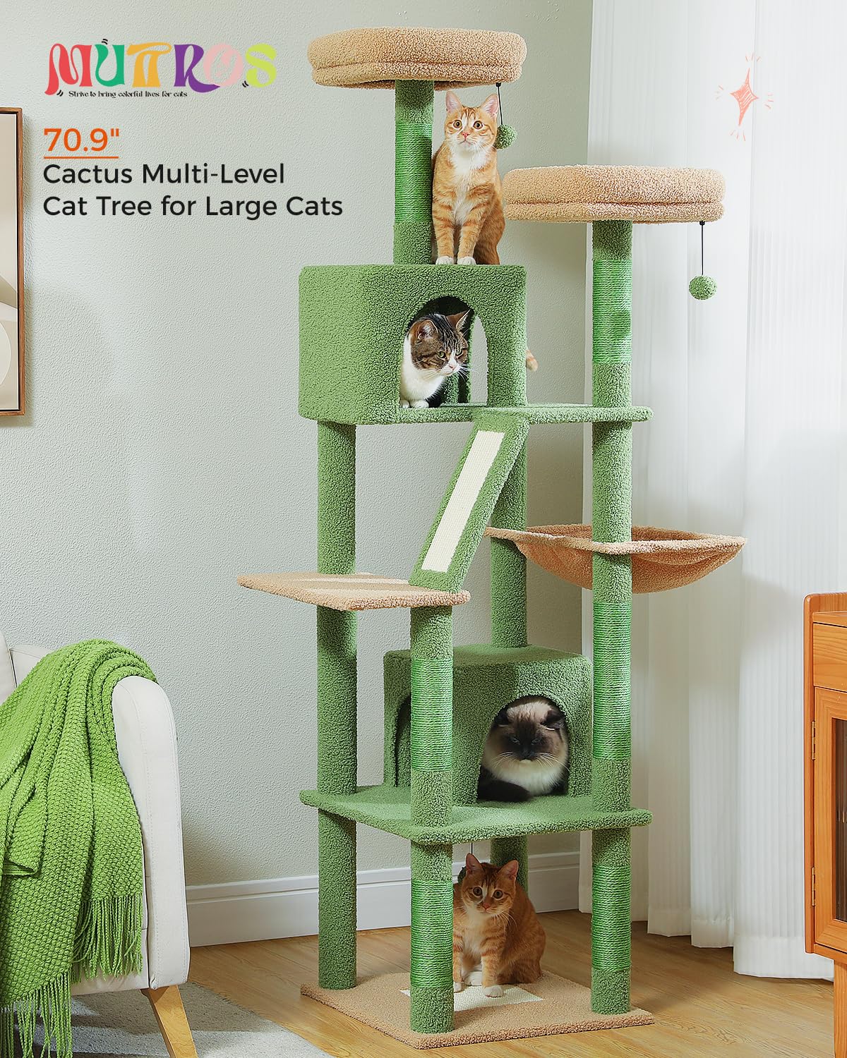 Muttros Cactus Cat Tree, 70.9'' Tall Cat Tree For Indoor Cats, Large Cat Tree For Large Cats, Multi-Level Tall Cat Tower With 6