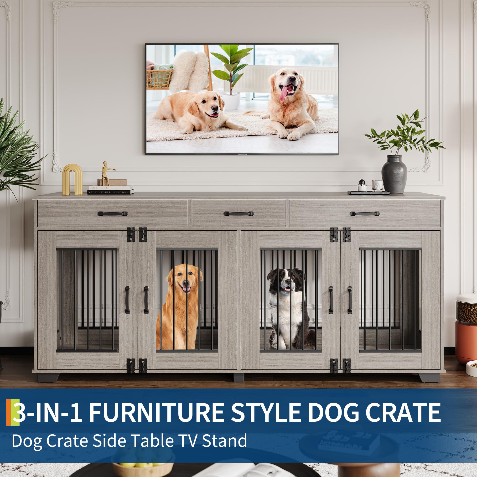 71 in Large Dog Crate Furniture for 2 Dogs with 3 Drawers, Heavy Duty Double Indoor Dog Kennel and TV Stand for Medium Large Dog