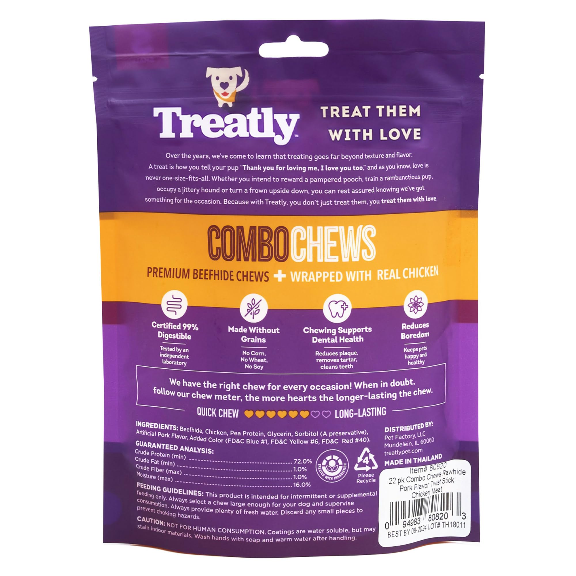 Treatly Combo Chews Rawhide/Pork Flavor Rawhide Stick 5 w/Chicken Meat Wrap Dog Chew Treats - 22 Count/1 Pack