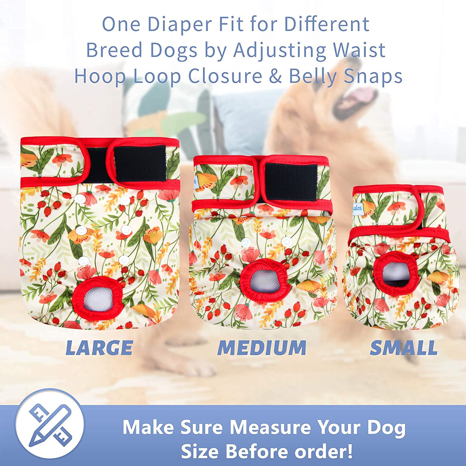 Leekalos Reusable Washable Dog Diapers Female (3 Pack) - Highly Absorbent Doggie Diapers - Size Adjustable Puppy Diapers for Dog