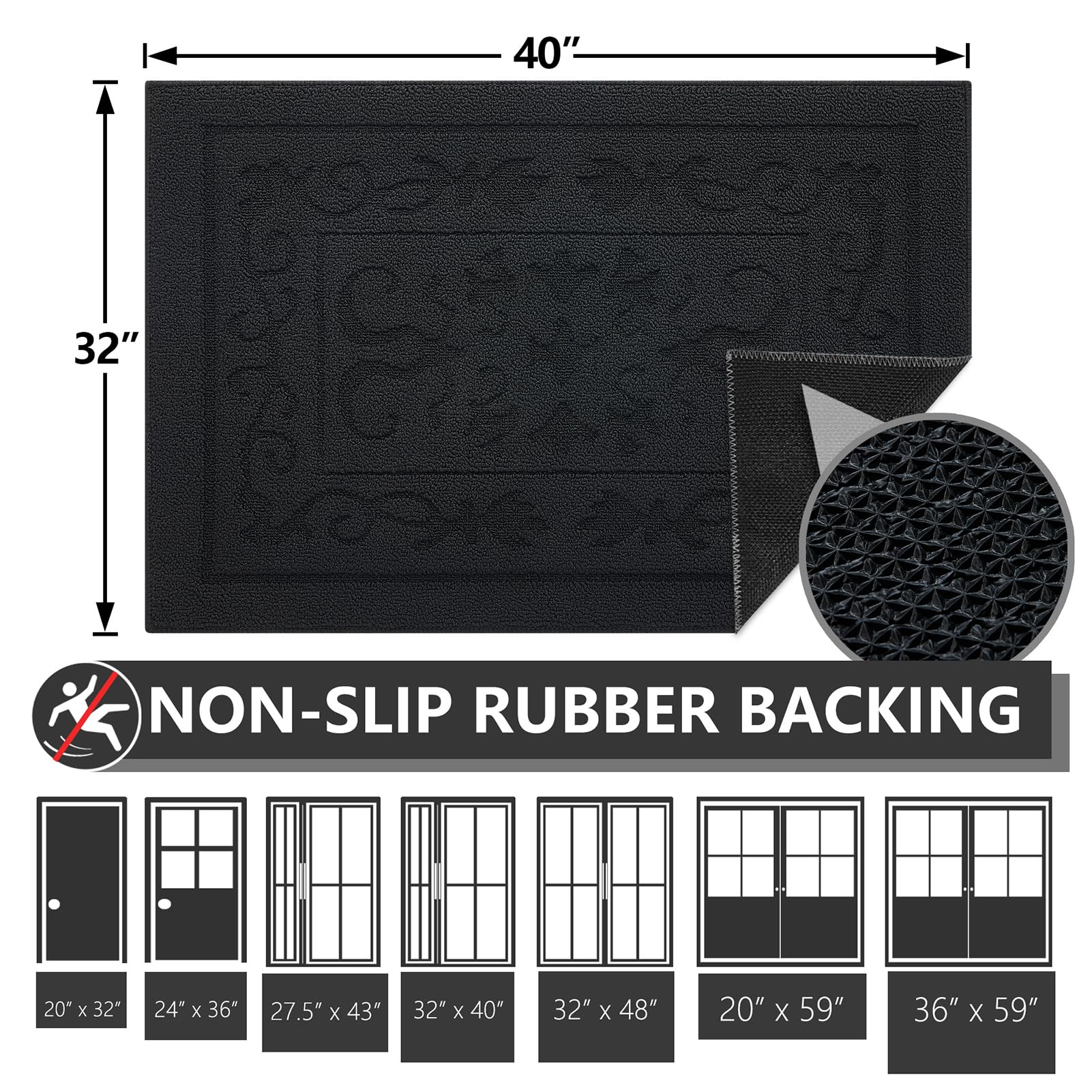 Foneyi Indoor Door Mat, Front Back Door Mat 32' X 40' Non-Slip Rubber Backing Door Rug, Machine Washable Entry Rug, Low Profile Absorbent Dirt Trapper Doormat Inside Floor Mats For Entryway, Black