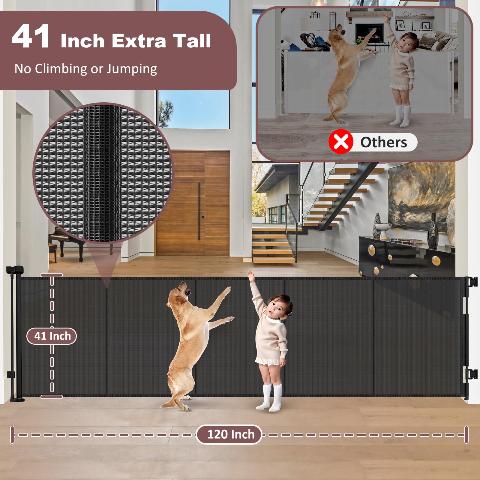 GRENFU Retractable Baby Gate - 41" Tall x 120" Wide, Black, for Large Openings, Indoor/Outdoor Use, Model TH-A135