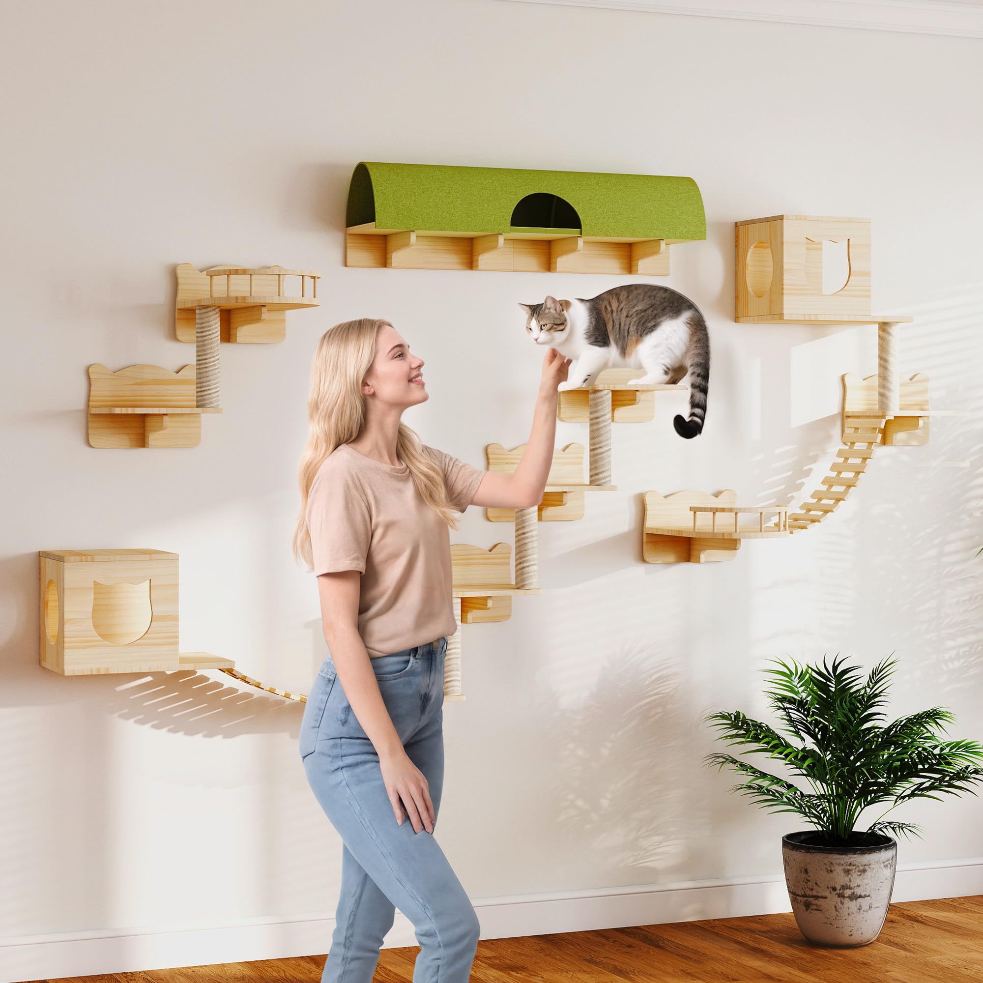 Homiflex Cat Wall Shelves, Cat Wall Furniture Pine Wooden Feline Shelf, 18 Piece Feline Shelves and Perches with Condos, House,