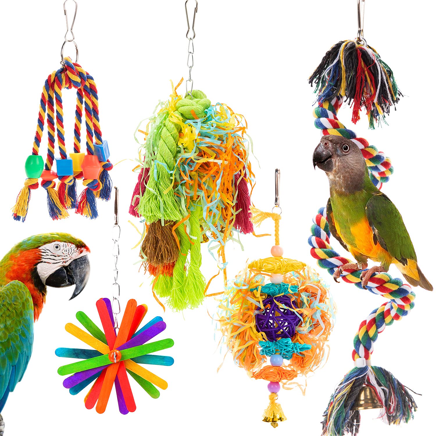Rlrich 5Pack Colorful Shredder Bird Foraging & Hanging Toys, Comfy Perch Parrot Toy For Rope Bungee