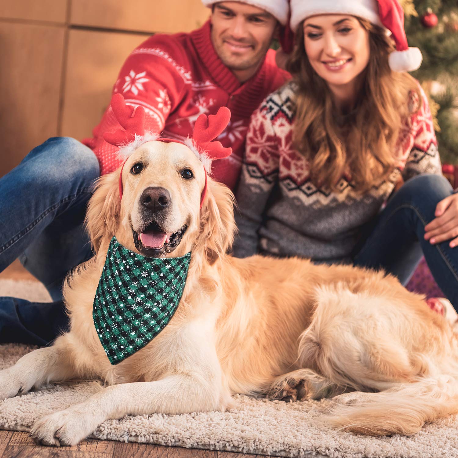 Syhood 3 Pieces Christmas Pet Bandanas Red Green Buffalo Plaid Snowflake Dog Bandanas Pet Bibs Triangle Scarf Accessories Adjustable Kerchief For Christmas Pet Costume