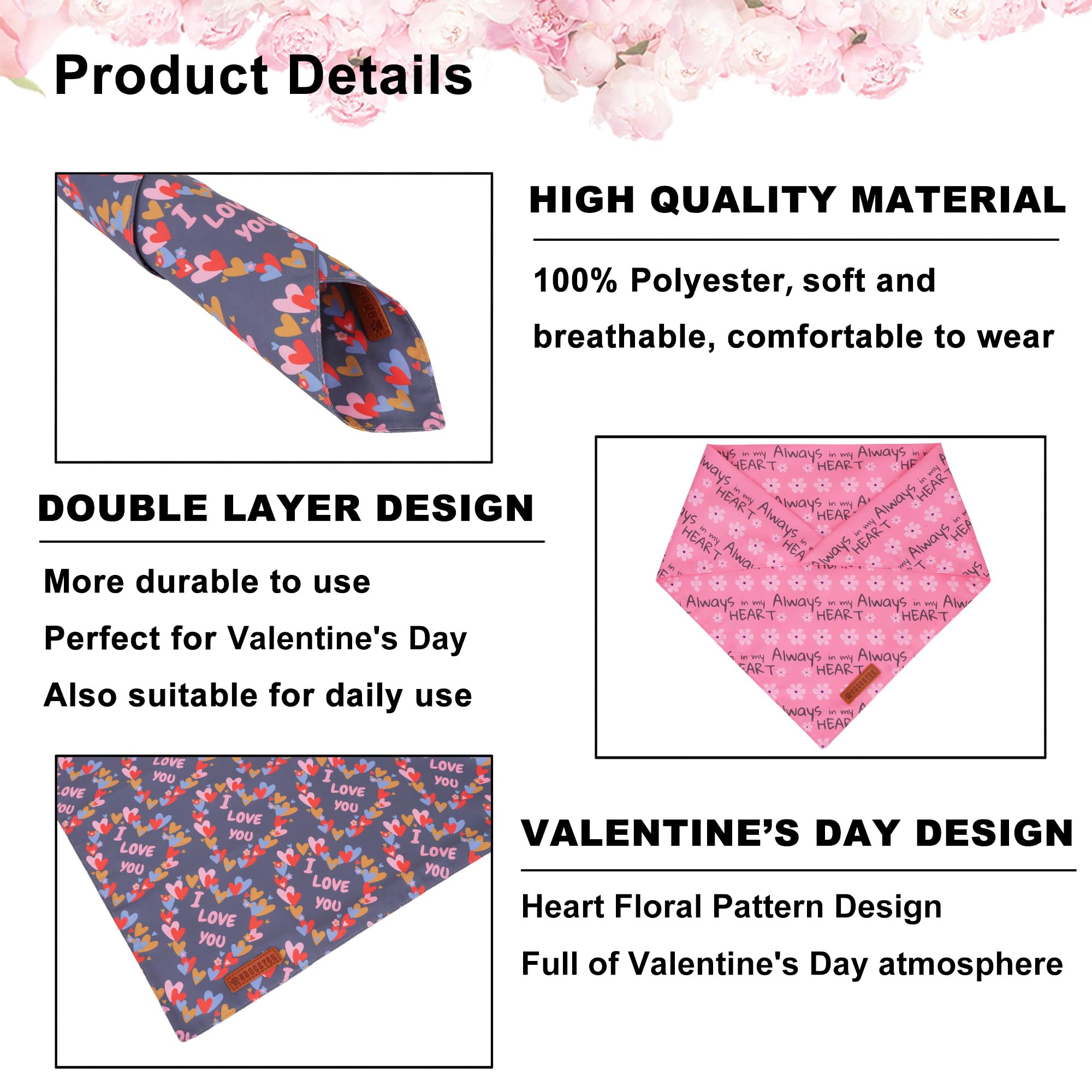 ADOGGYGO Valentine Dog Bandanas, Heart Love Floral Pet Scarf, Multi Size Offered, Pink Blue Pet Valentine Bandana for Small Dogs
