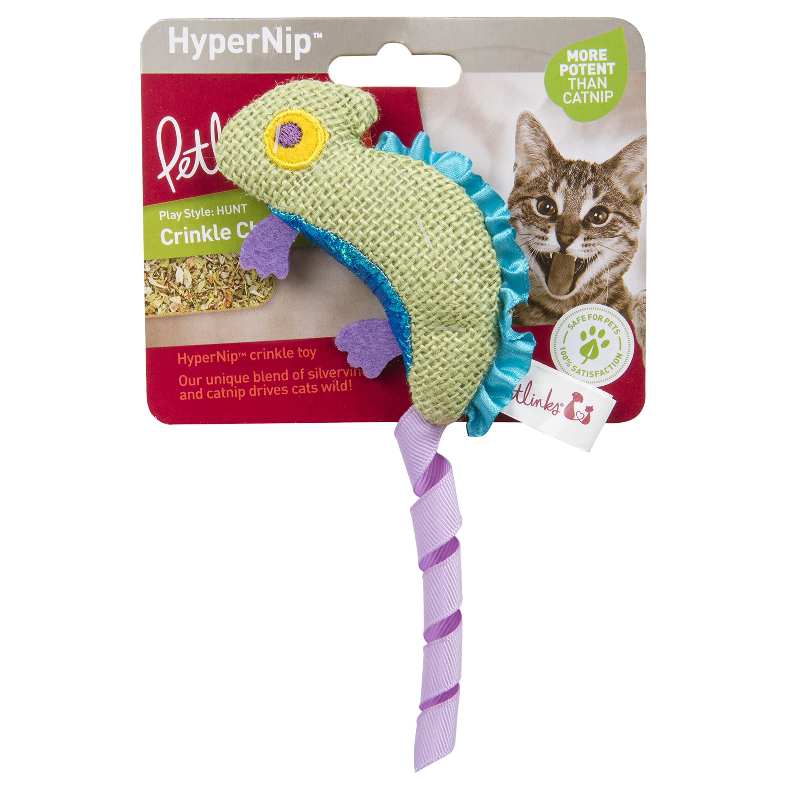 Petlinks Happynip Crinkle Chameleon Cat Toy, Contains Silvervine & Catnip - Green, One Size