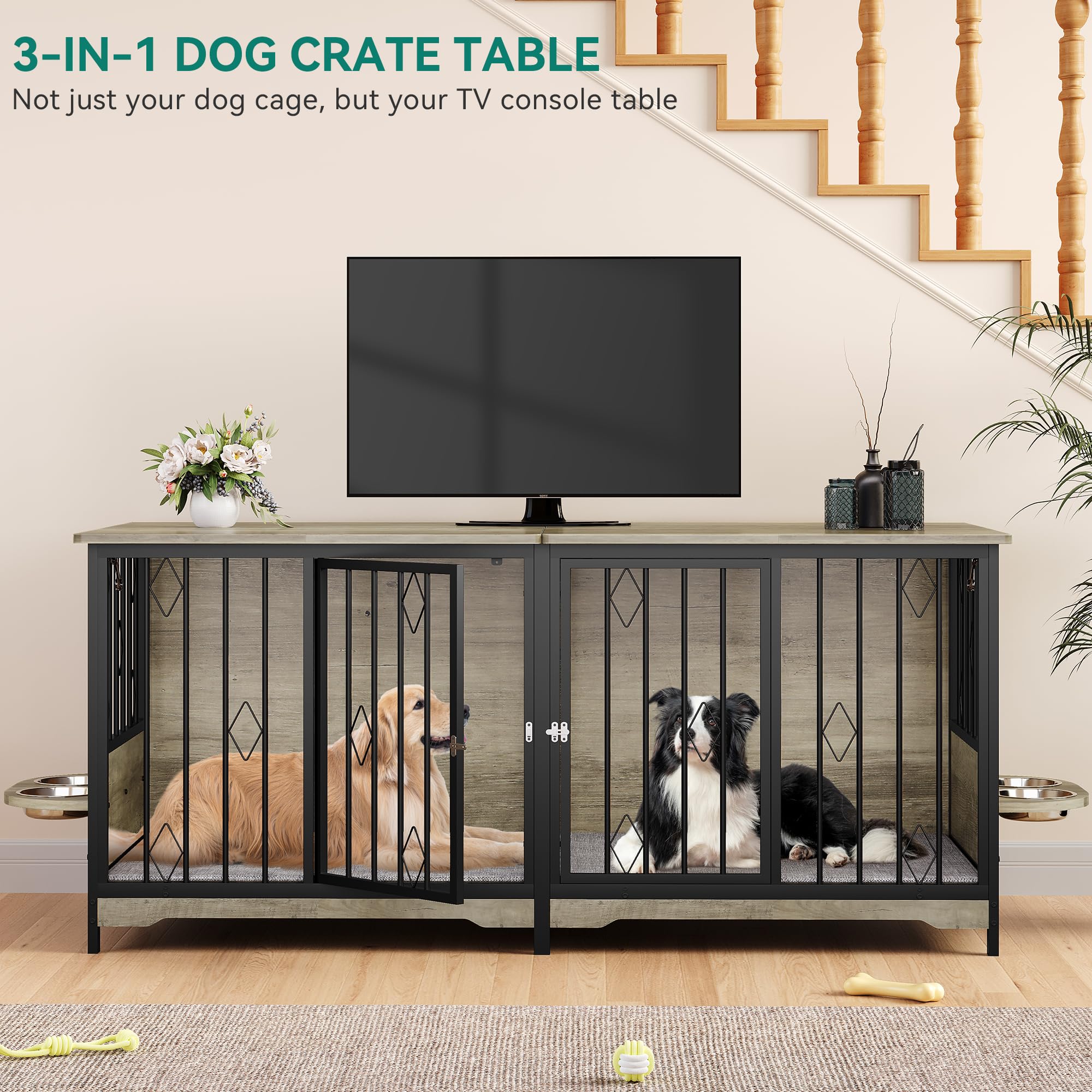 YITAHOME 71 Double Dog Crate Furniture with Divider, Wooden Large Dog Kennel with Flip-Top&4 Rotatable Bowls&2 Cushions, Dog Cra