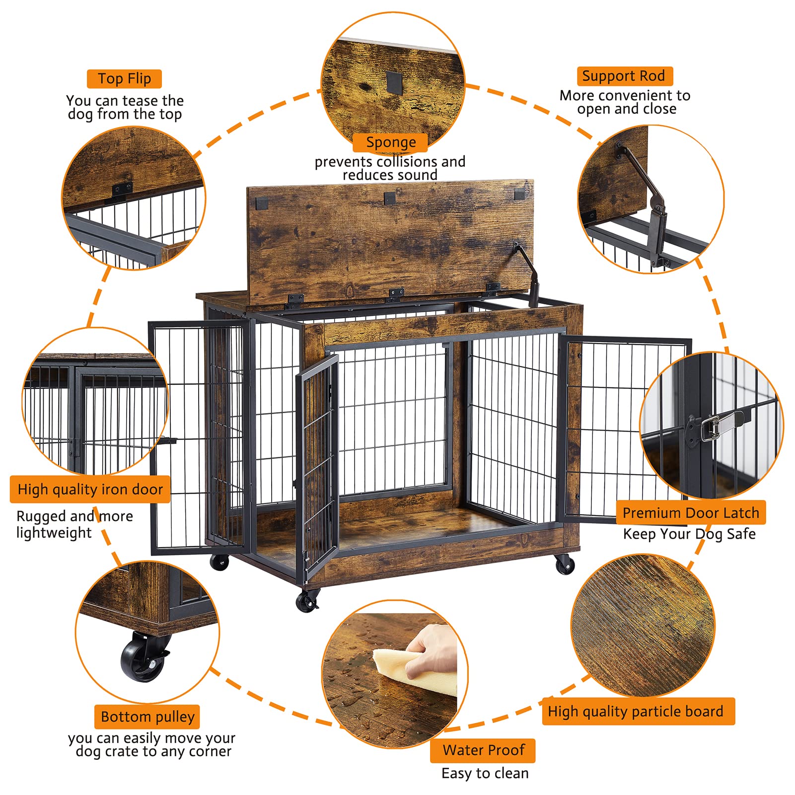 Ichbingo Dog Crate Furniture, Wooden Dog Crate Table, 31.5' Dog Kennel With 3 Doors, Flip-Up Top Opening And Wheels, Decorative Pet Crate Dog House For Medium/Small Dog Indoor Use (Rustic Brown)