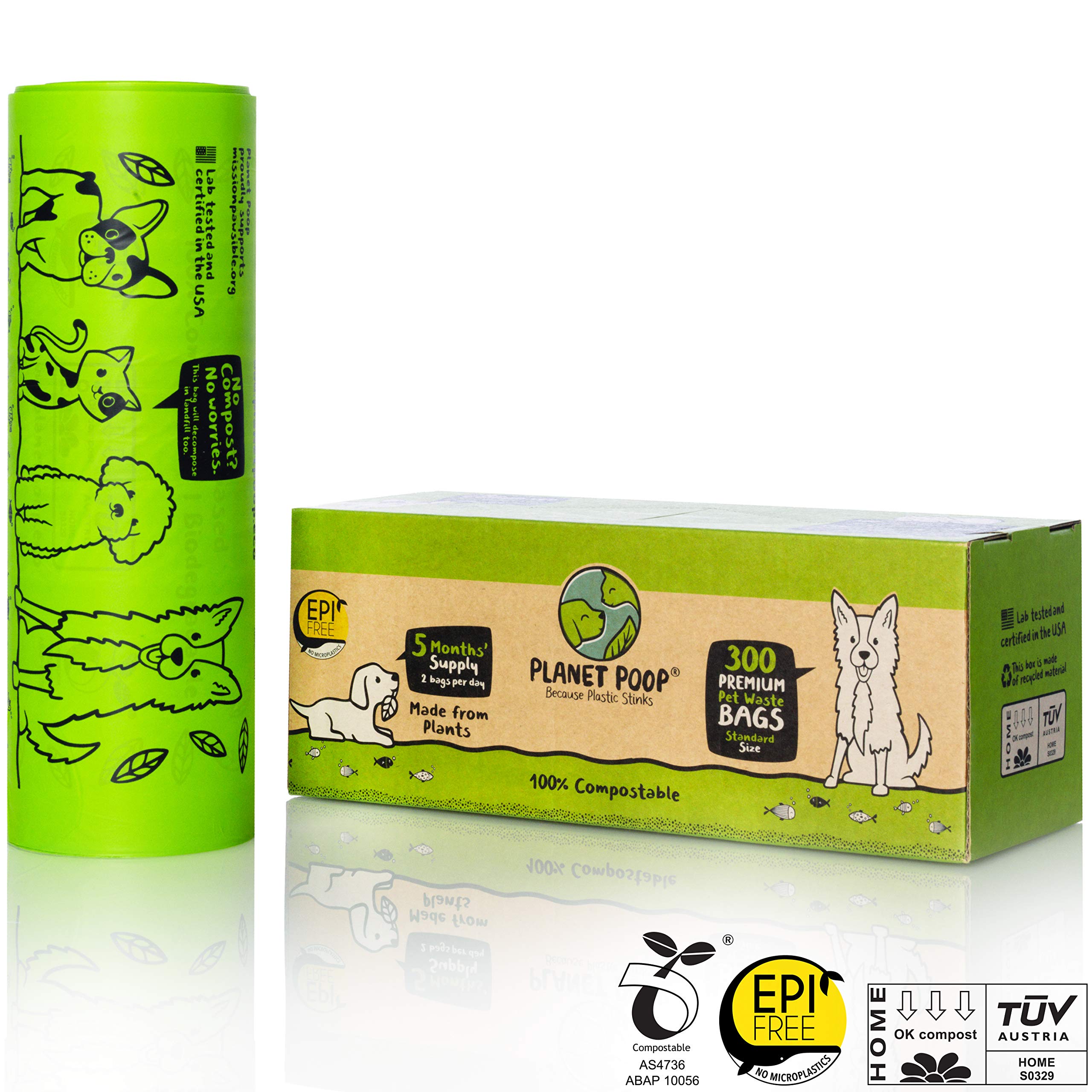 Planet Poop Home Compostable Dog Poop Bags, Large Single Roll 300 Grab & Go, For Dogs Un-Scented Dog Waste Bags, Thick Leakproof