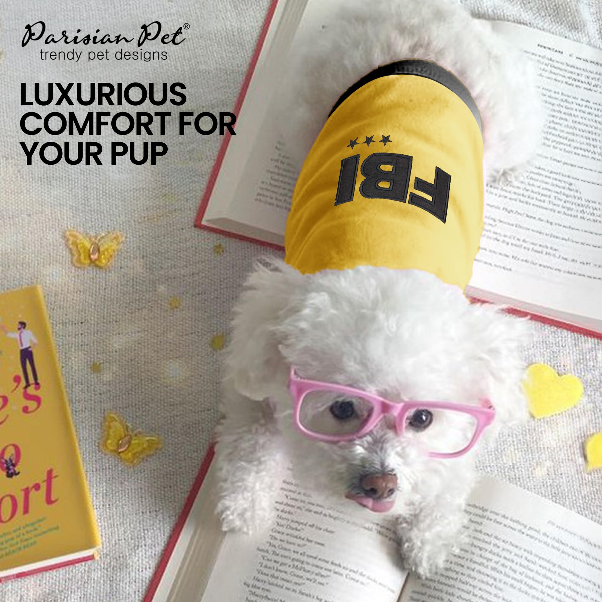 Parisian Pet Dog T-Shirt - Embroidered Fbi Shirt - 100% Cotton, Breathable Dog Clothes - Sleeveless Pet Vest - Machine Washable Yellow Dog Shirts For Large Dogs - L