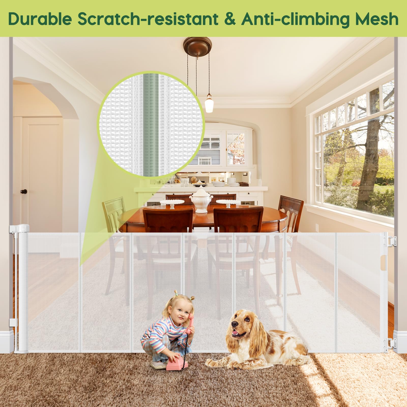 Reinforced 80 Inch Extra Wide Retractable Baby Gate with Support Rods, Indoor/Outdoor Retractable Pet Gates for Wide Openings, 3