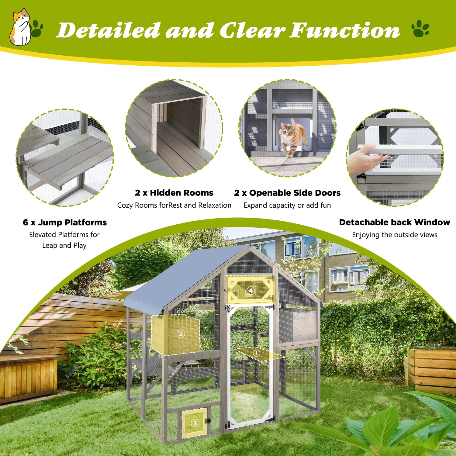 PetsCosset Cat Catio Outdoor Enclosure - Large Weatherproof Wooden Kitty Kennel for 2-3 Cats, 71" H, Grey, Model PET03-Catio