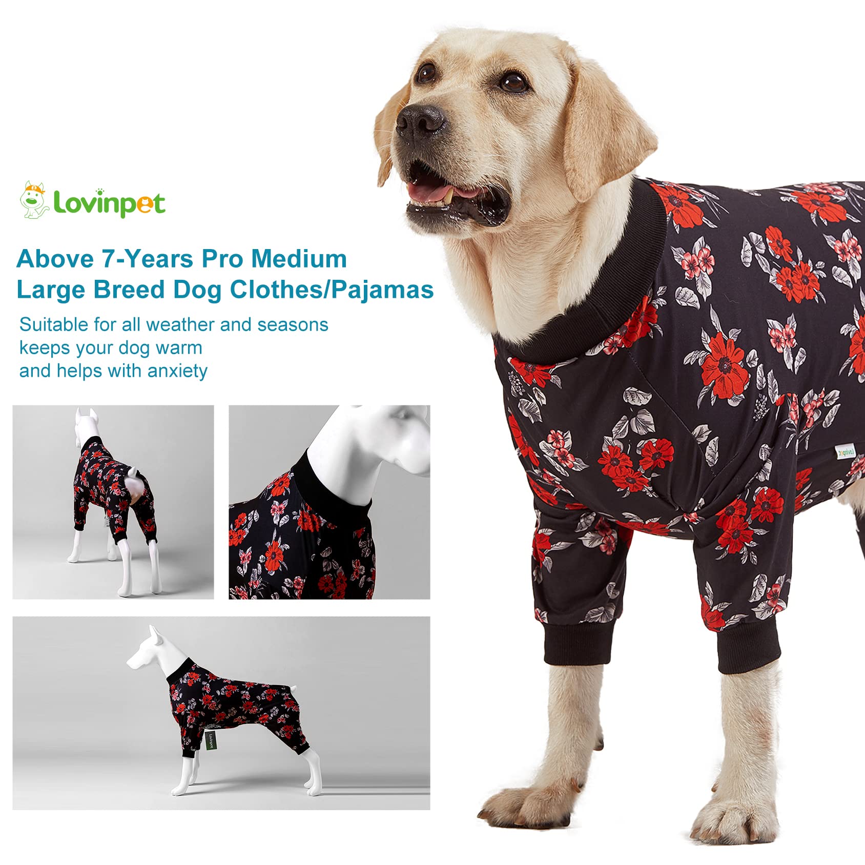 Lovinpet Pet Pajamas For Large Dogs - Floral Navy And Coral Print Dog Jammies, Lightweight Stretchy Knit Big Dog Pullover, Large Dog Onesie, Pet Pj'S /3Xl