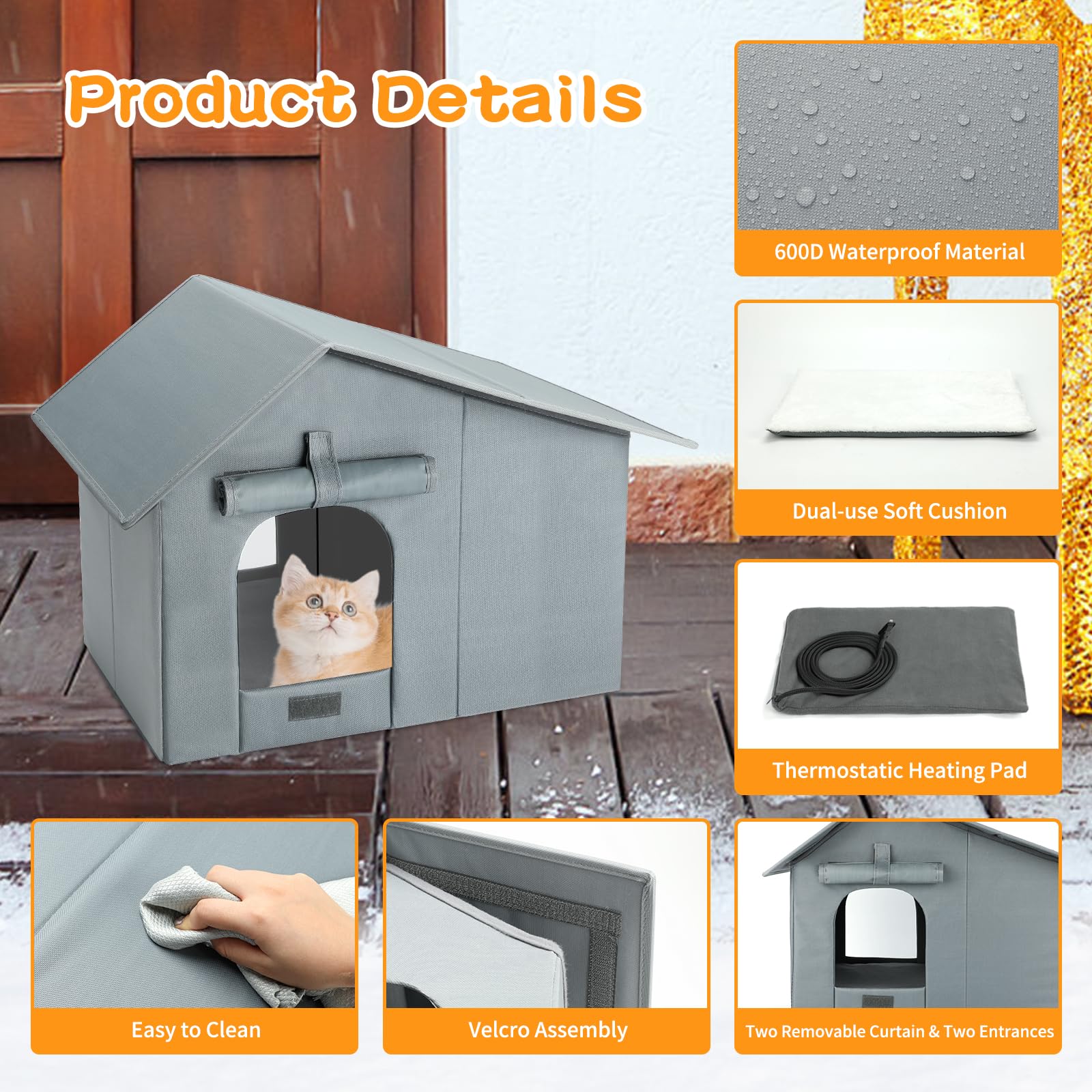 Weatherproof Heated Cat Houses, Insulated and Waterproof Feral Cat Shelter, Extra-Wide Kitty House with Heating Pad for Winter,