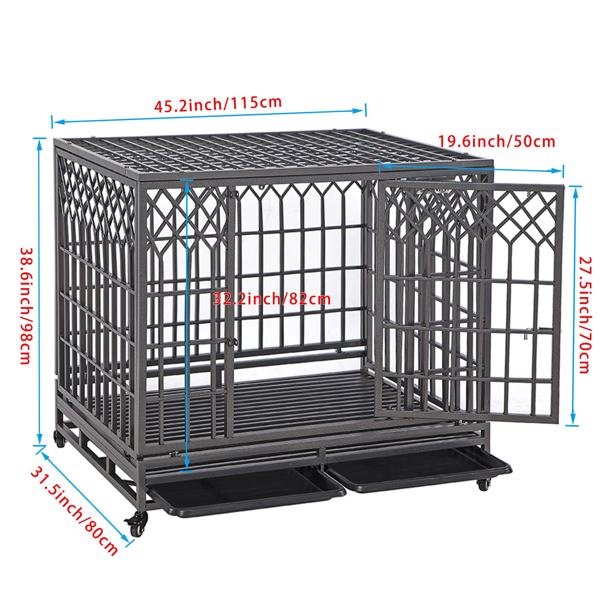 Smonter 46'' Heavy Duty Dog Crate Strong Metal Pet Kennel Playpen With Two Prevent Escape Lock, Large Dogs Cage With Wheels, Y S