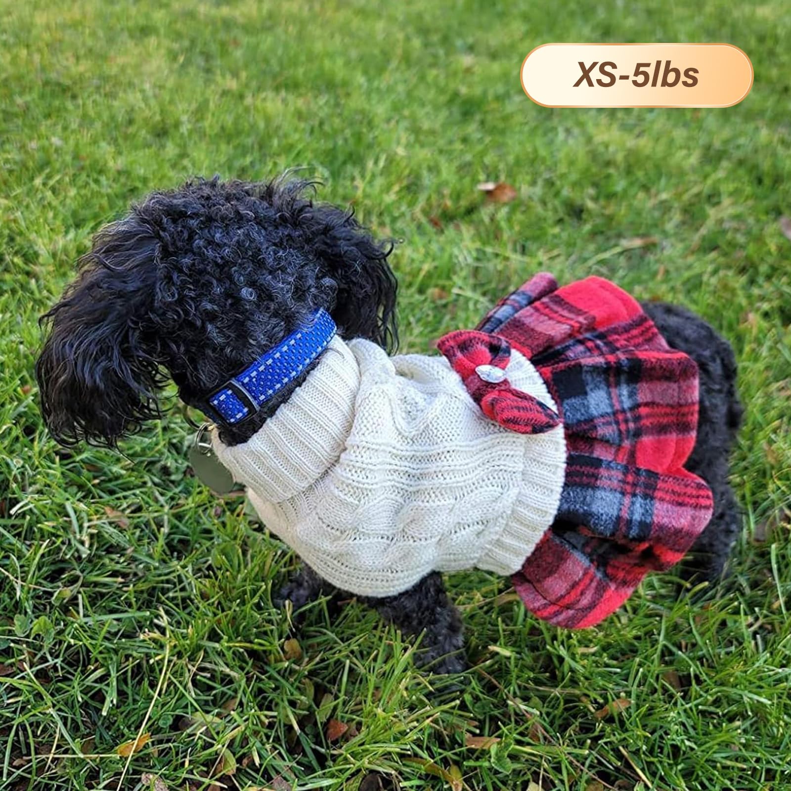 Kyeese Dog Sweater Dress For Small Dogs With Bowtie Buffalo Check Red Turtleneck Dog Pullover Knitwear Puppy Cat Sweater Beige