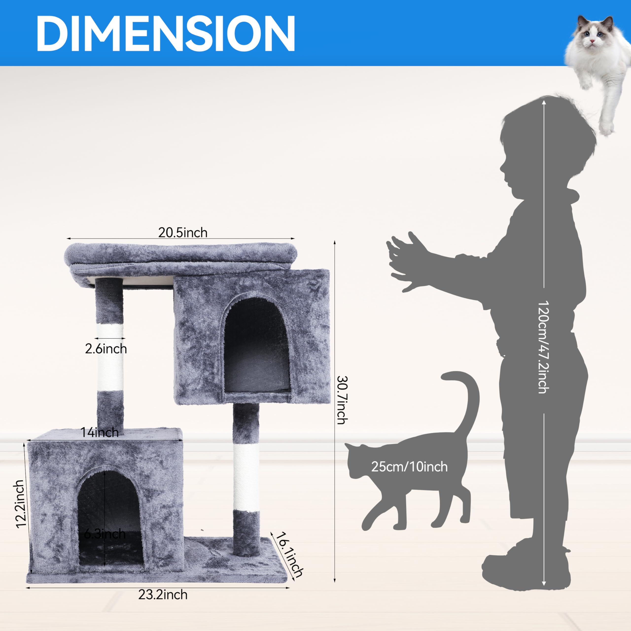 Cat Tree Tower 31 inch, 2 Plush Cat Condos, Cat Tree for Indoor Cats, Cat Scratching Post, Cat Post Scratcher with Perch, Small