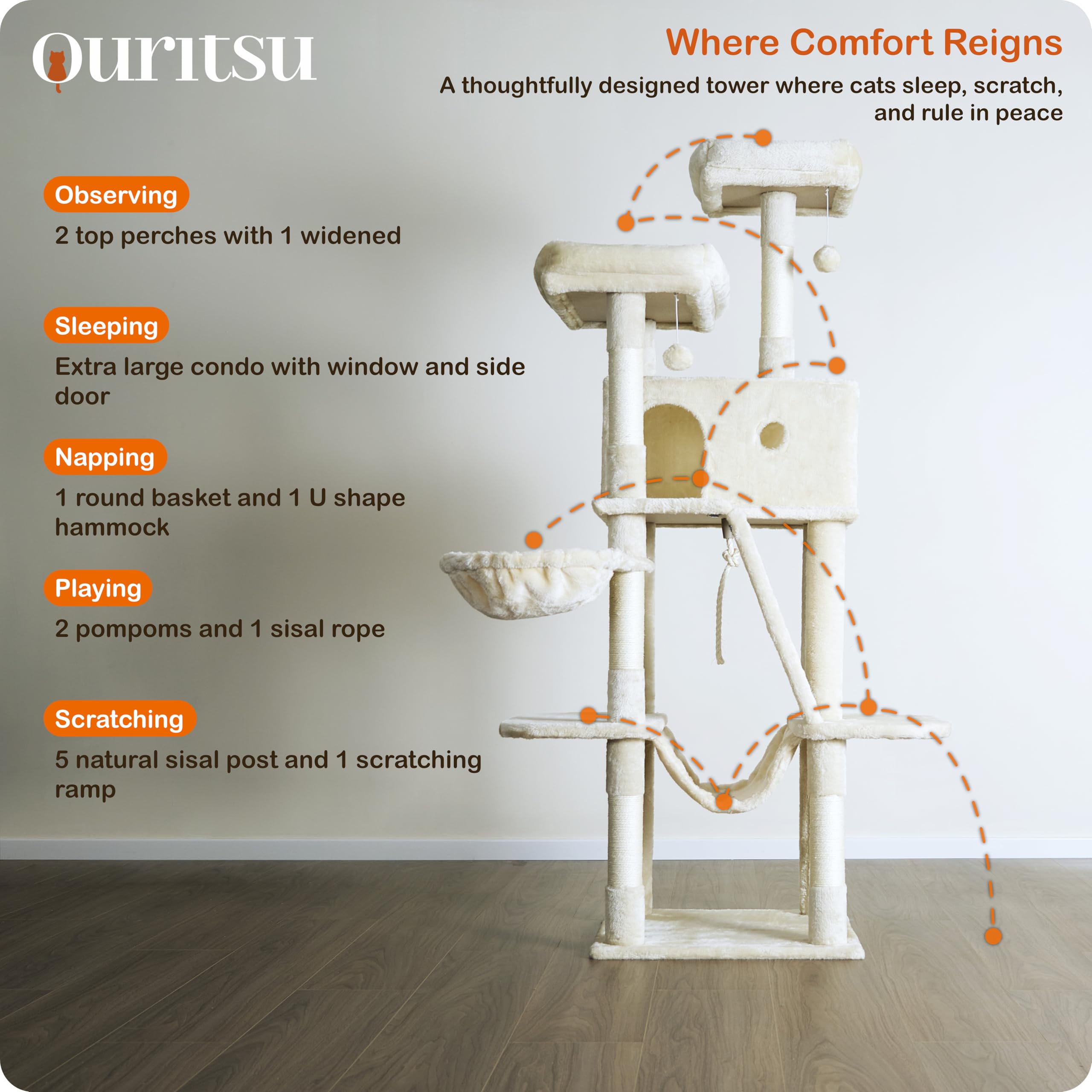 Ouritsu Cat Tree, 61 Inch Tall Cat Tower For Large Cat Indoor, Enlarged Condo, 2 Padded Perches With 1 Widened, Large Hammock, S