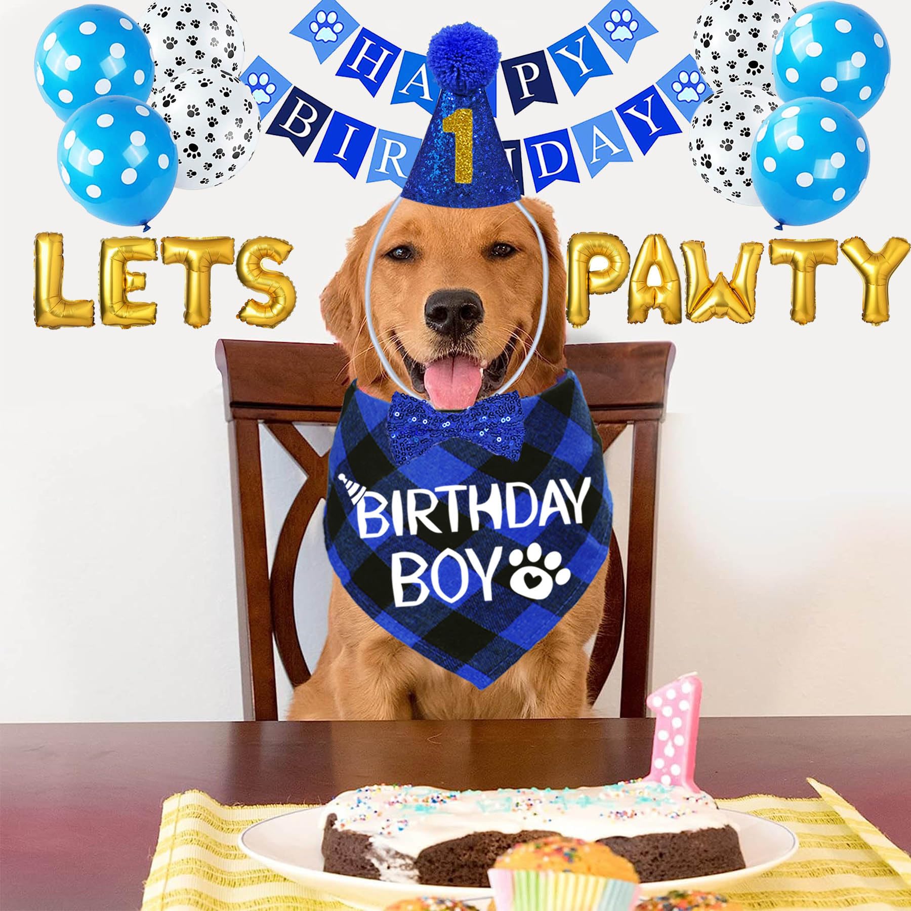 Stmk Dog Birthday Party Supplies, Multi Sizes Dog Birthday Bandana Boy Dog Birthday Hat With Numbers Bow Tie Birthday Banner Let