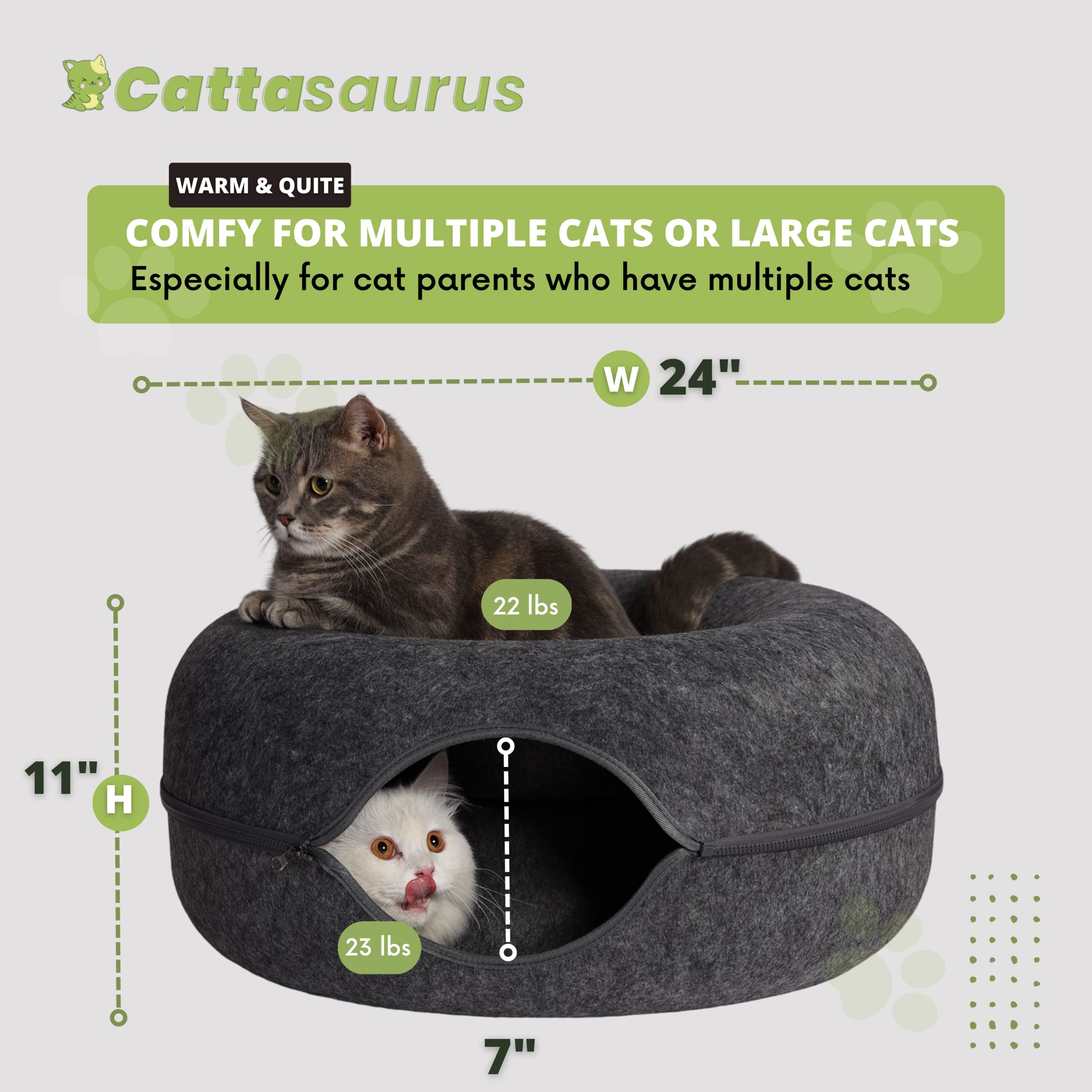 Cattasaurus Peekaboo Cat Cave For Multiple & Large Cats Up To 30-45 Lbs, Scratch Detachable & Washable Tunnel Bed, Comfy Donut Cat Cave (Dark Gray, Large)