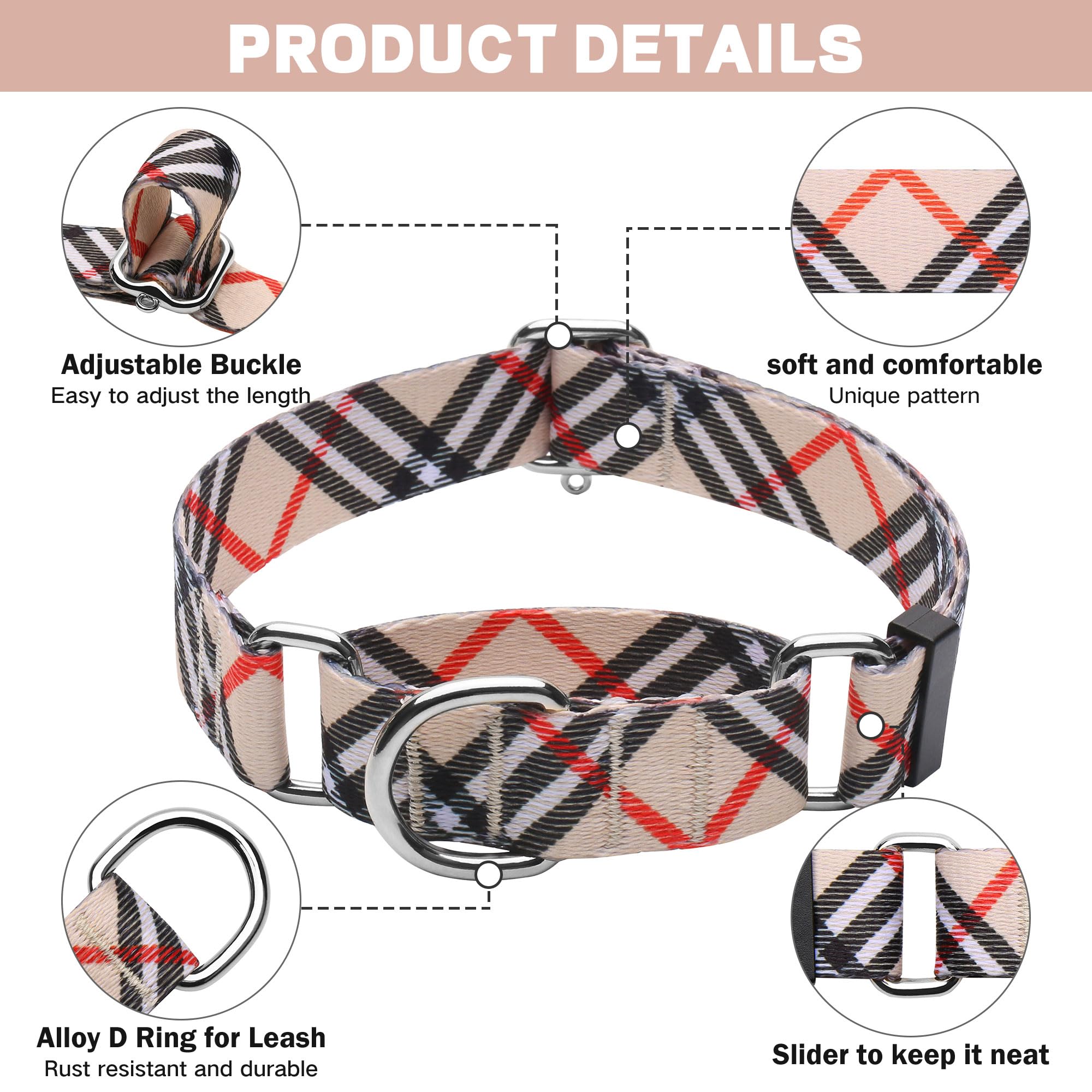 Hikiko Martingale Collar For Dogs With No Buckle Nylon Training Dog Collars For Medium Dogs,Khaki Plaid,M