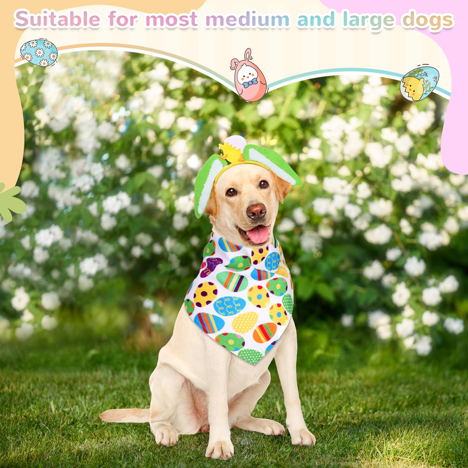 Miniinflat 8 Pieces Easter Dog Costume Set 4 Bunny Headbands For Dogs 4 Bandanas Sequin Egg Boppers For Small, Medium & Large Pe