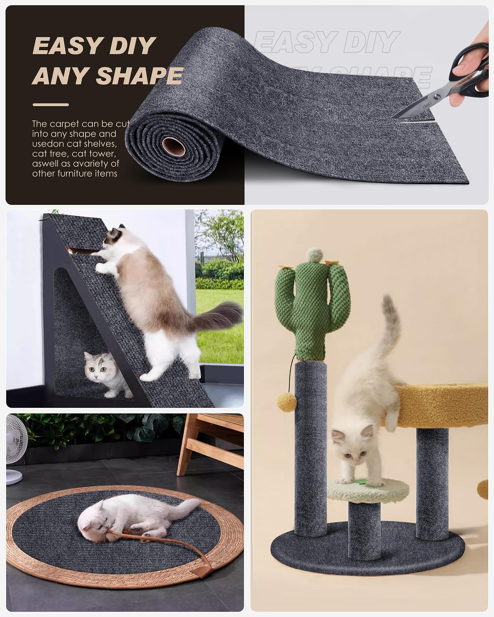 Cat Scratch Furniture Protector, Trimmable Self-Adhesive Carpet, Diy Climb Cat Scratcher Mat For Covering Cat Tower And Couch Pr