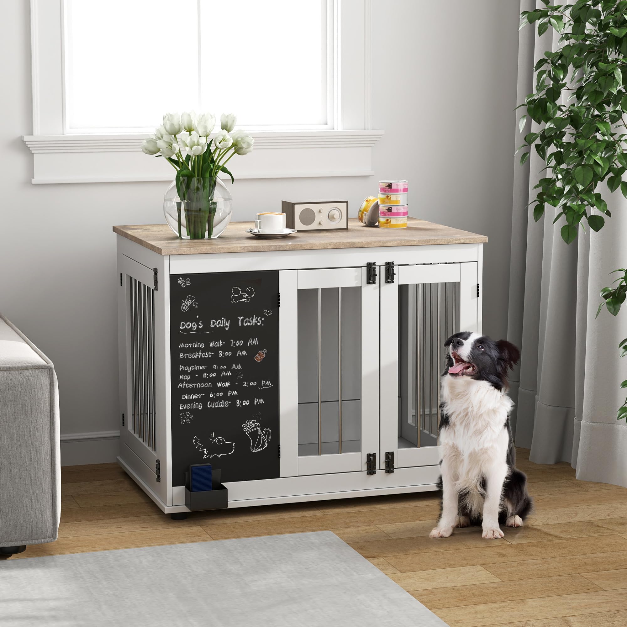 PawHut 39 Furniture Style Dog Kennel with Chalkboard, Dog Crate Furniture with Three Doors & Non-Slip Foot Pads, Dog Cage Furnit