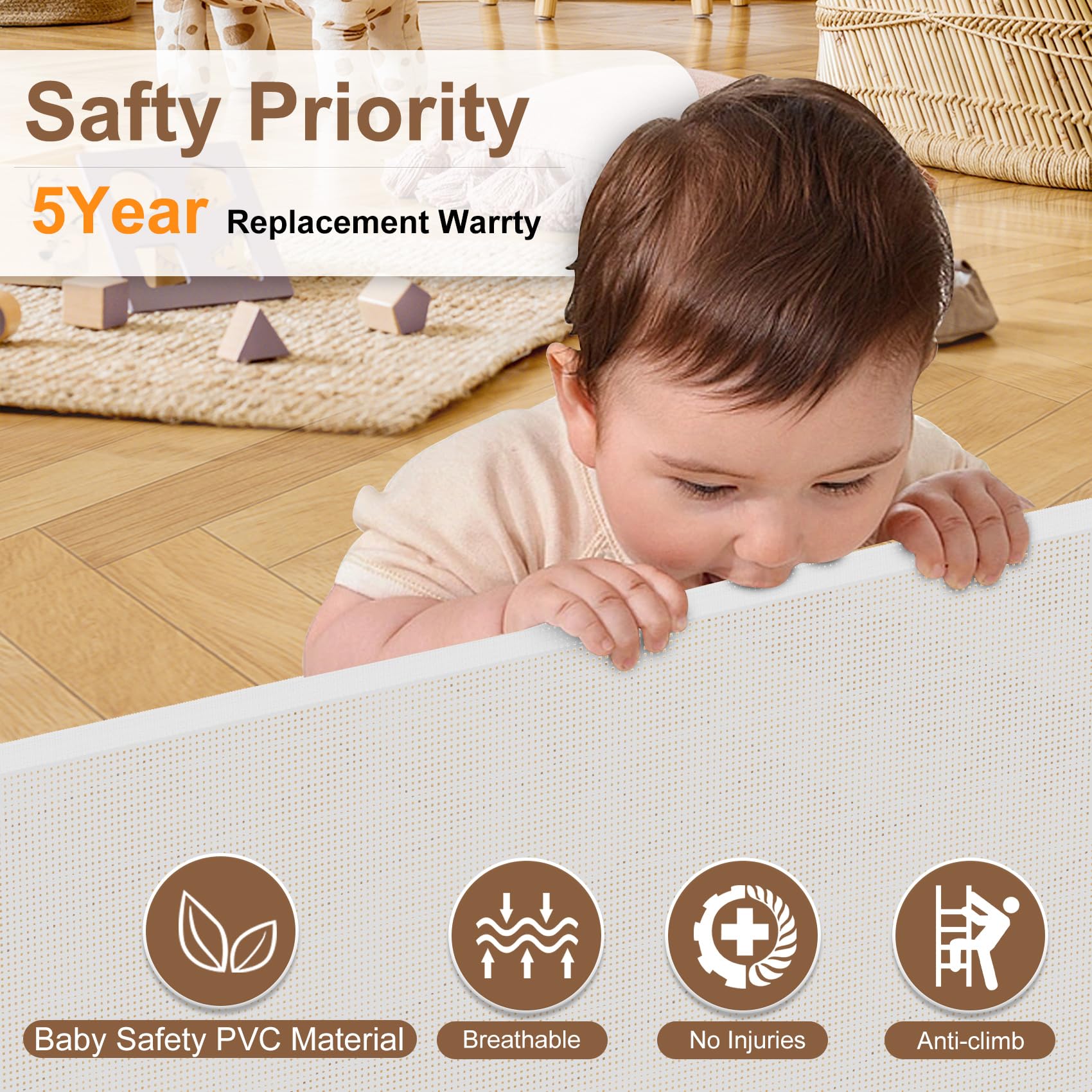 Upgrade 59' Retractable Baby Gates With Reinforced Strip Design To Prevent Crawling Through, 34' Tall Retractable Gate For Baby And Pet, 5 Ft Baby Gates For Stairs, Doorways, Hallways