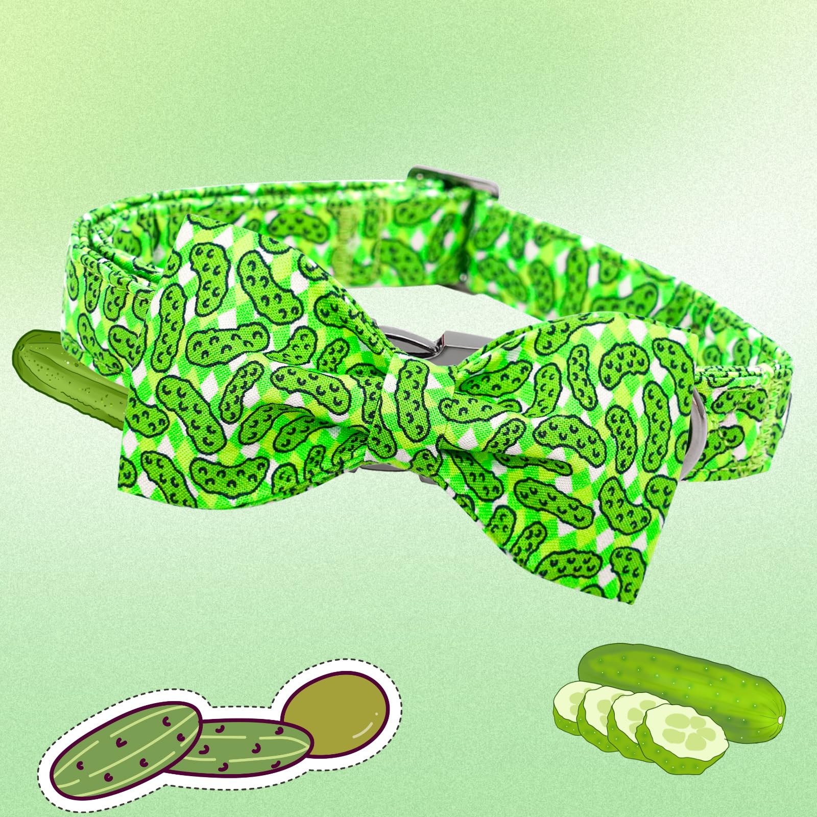 Lionheart glory Dog Bow Collar Cucumbers Print Dog Collar for Medium Dogs, Adjustable Green Collars Spring Dog Collar with Bowti