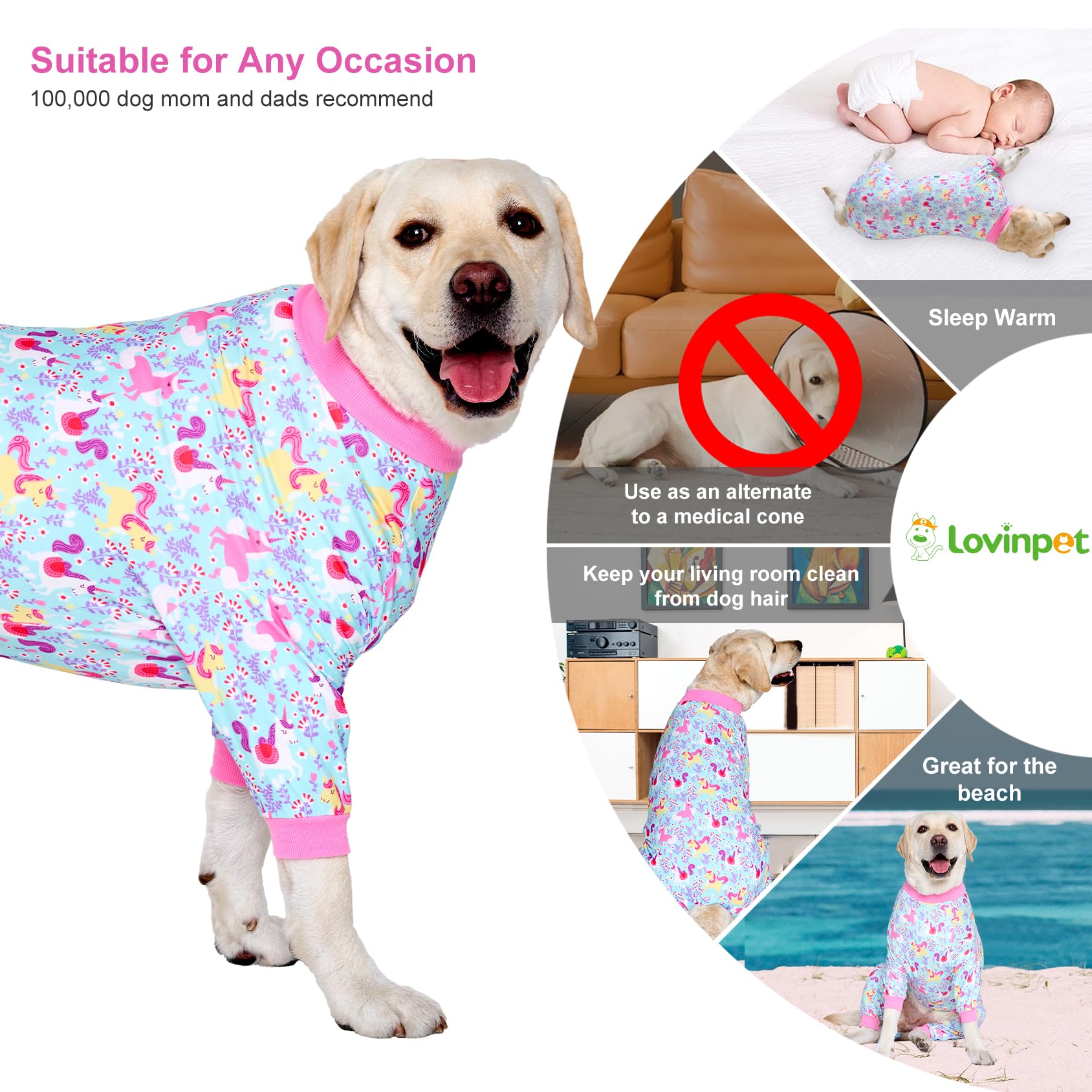 Lovinpet Pitbull Dog Pajamas,Large Dog Clothes Dog Pajamas, Wound Care/Post Surgery Dog Clothes, Lightweight Stretchy Dog Pajamas, Large Dog Shirt, Seafoam Unicorn Print, Large Breed Dog Pet Pj'S /3Xl