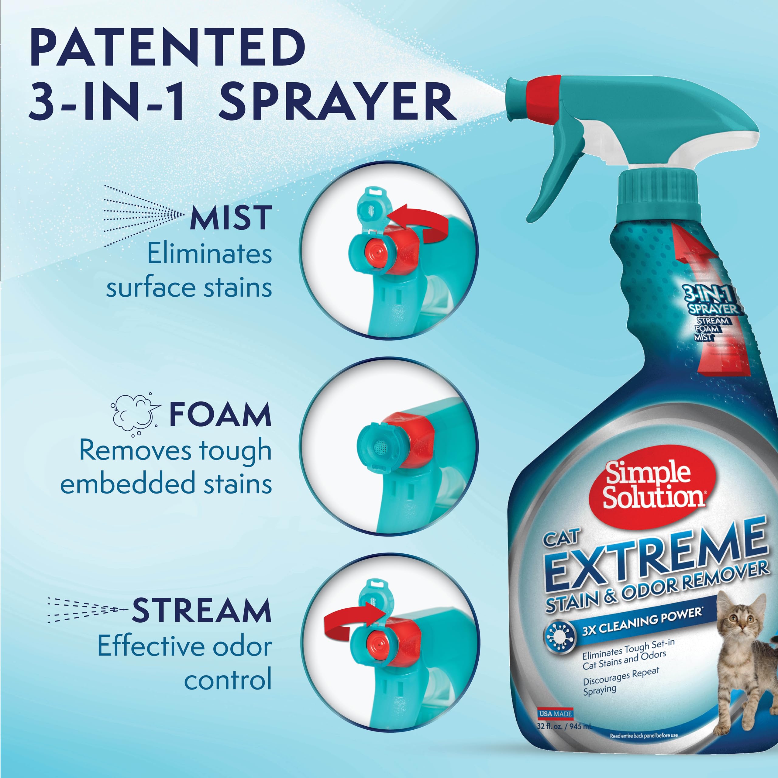 Simple Solution Cat Extreme Pet Stain And Odor Remover - Enzymatic Cleaner With 3X Pro-Bacteria Cleaning Power - 32 Ounces